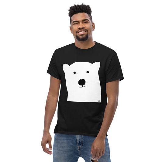 A picture of a man wearing a short sleeve tshirt with a kool polar bear face on the front-black-front