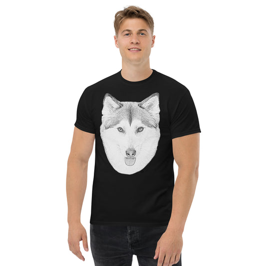 A picture of a man wearing a short sleeve tshirt with a picture of Siberian Husky Sketch on the front - black-front