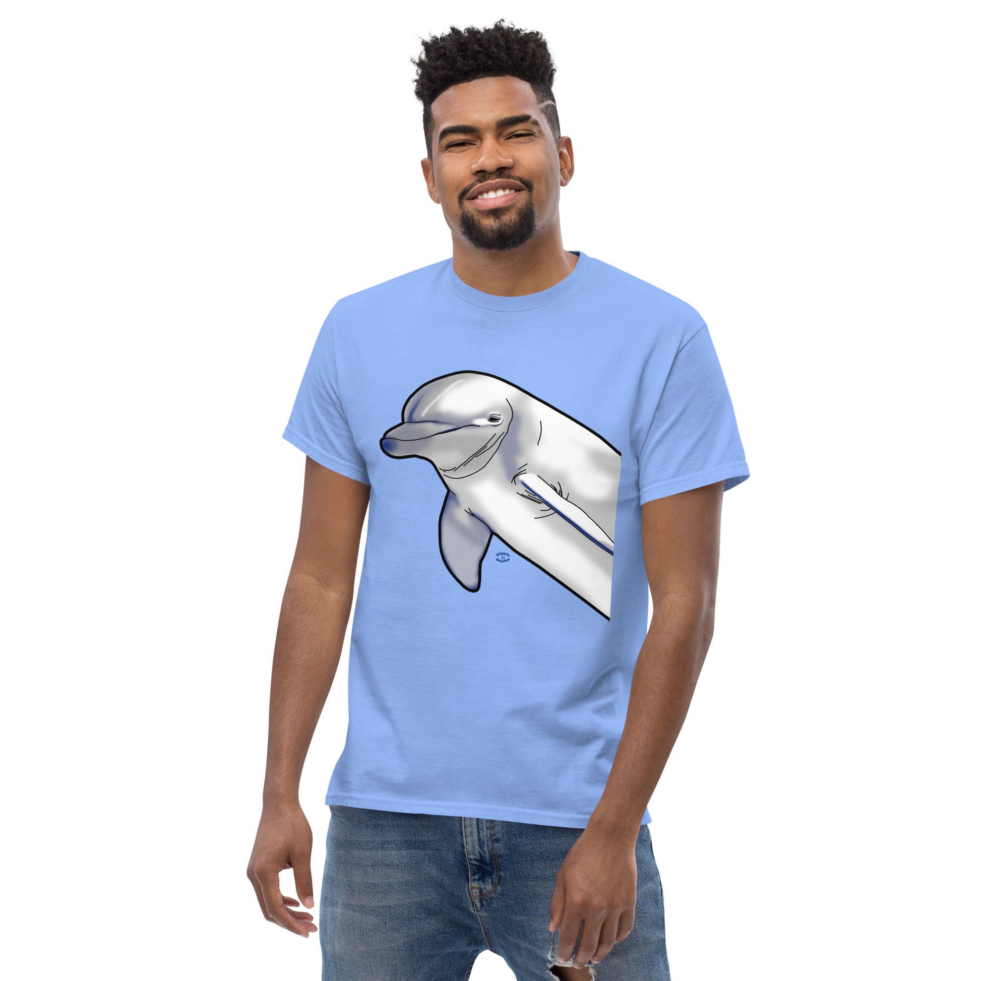 A picture of a man wearing a short sleeve tshirt with a printed picture of a dolphin - front side carolina blue