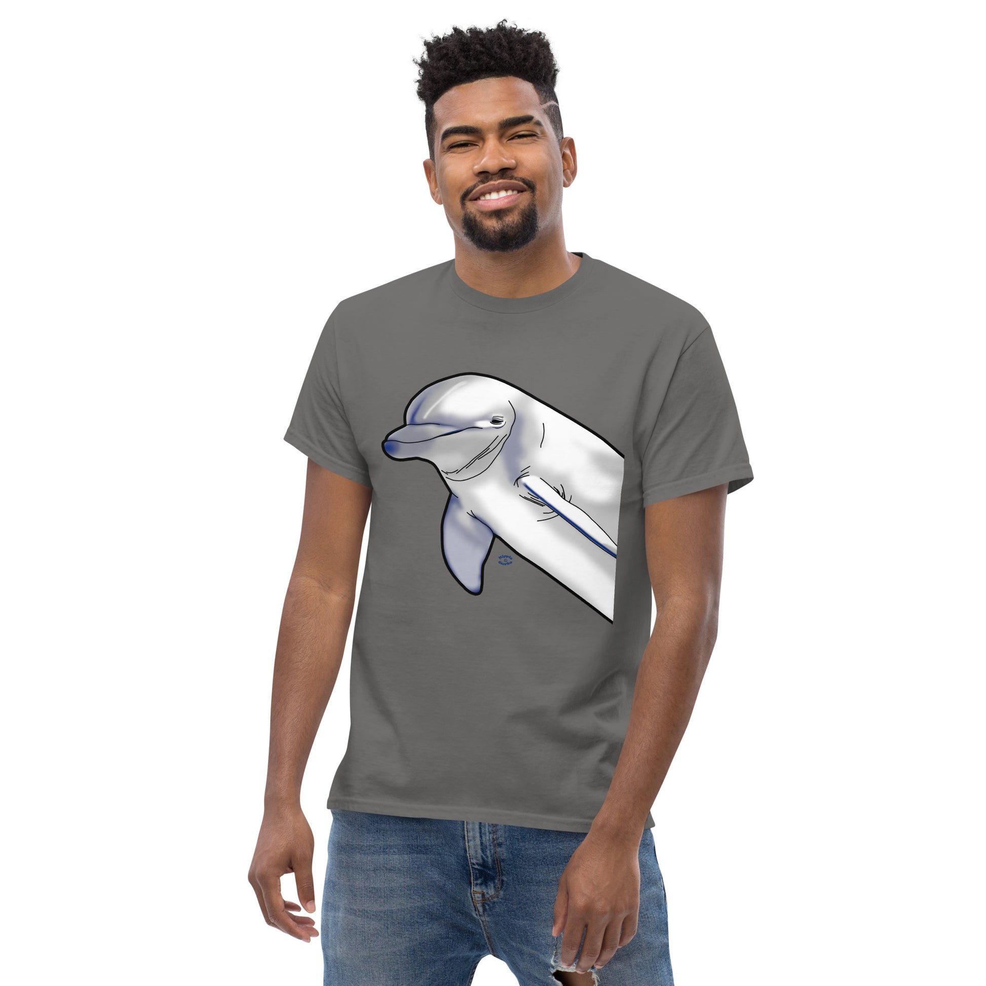 A picture of a man wearing a short sleeve tshirt with a printed picture of a dolphin - front side charcoal