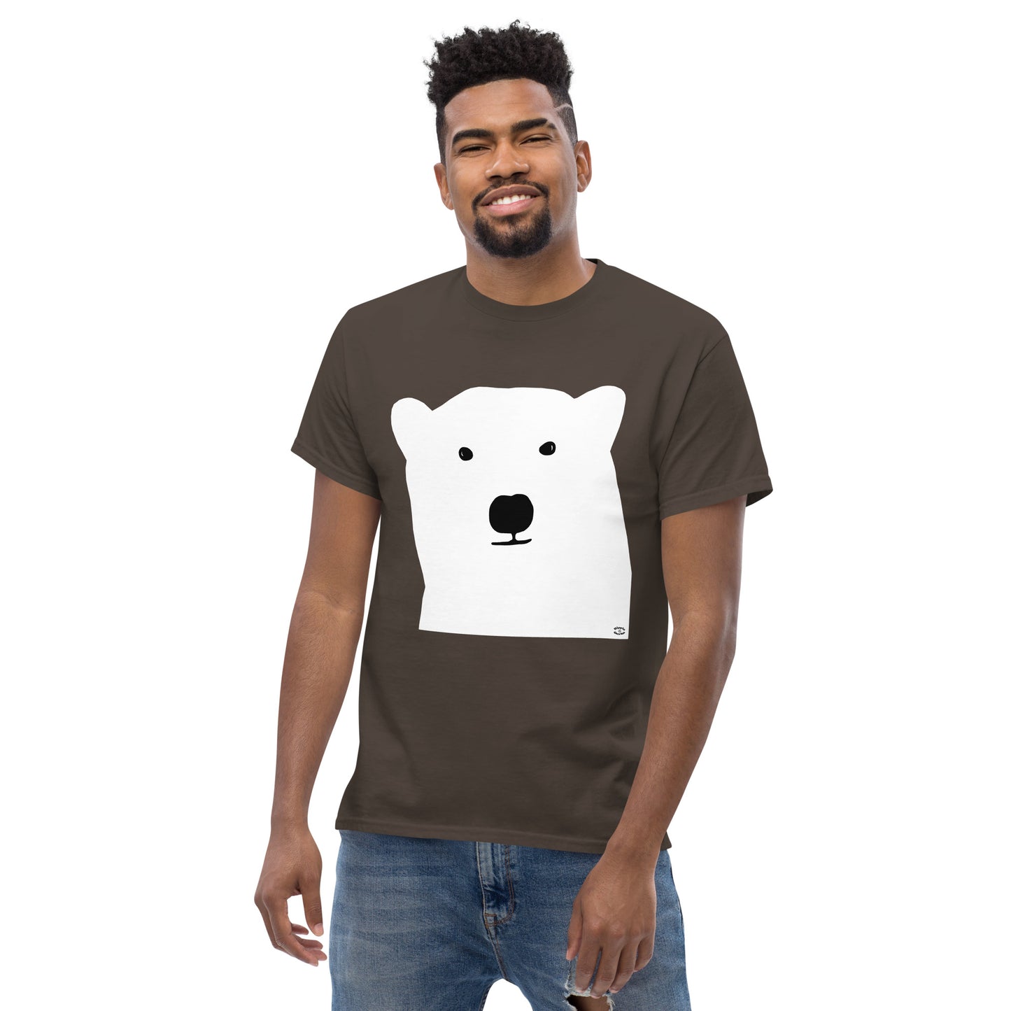 A picture of a man wearing a short sleeve tshirt with a kool polar bear face on the front-dark chocolate-front