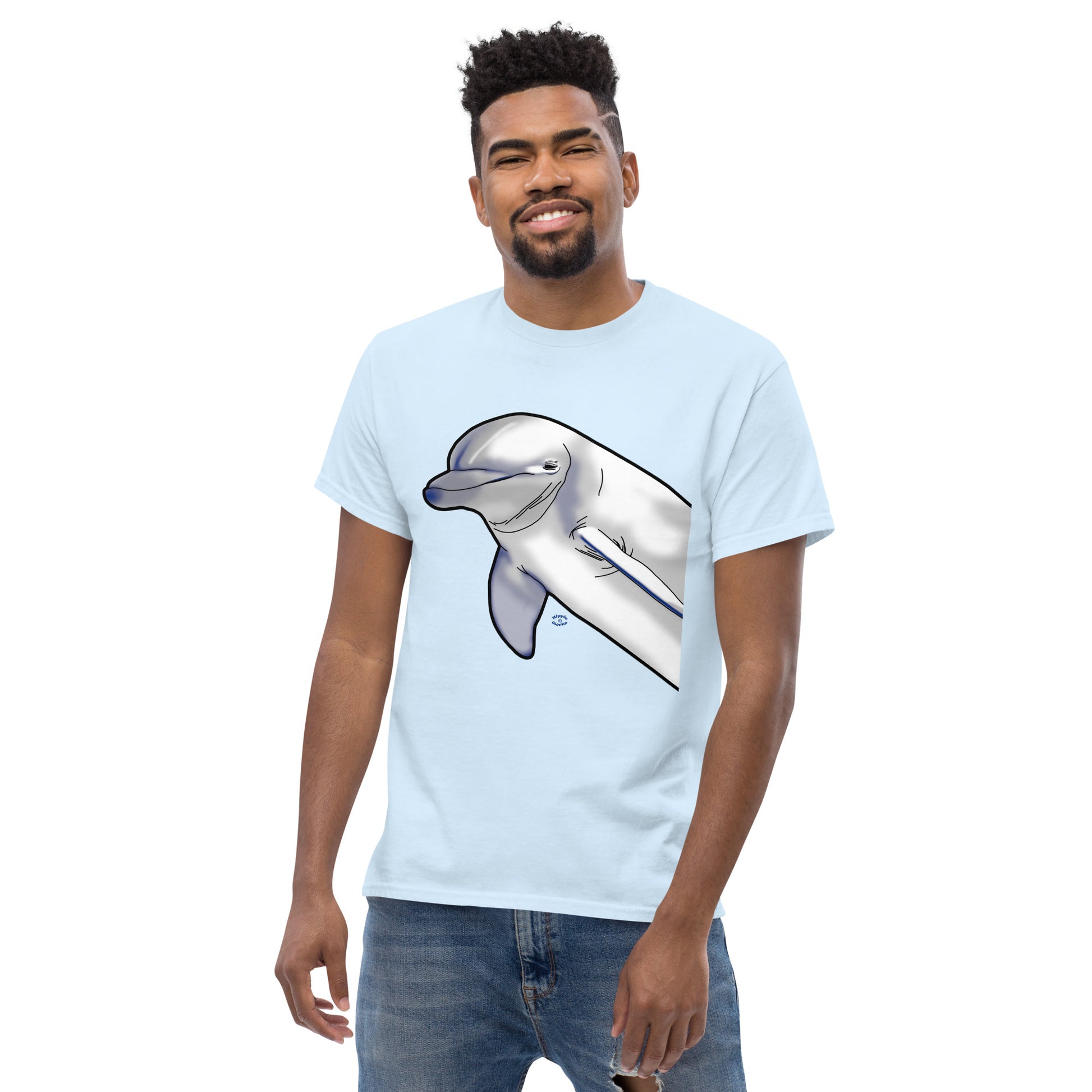A picture of a man wearing a short sleeve tshirt with a printed picture of a dolphin - front side light blue