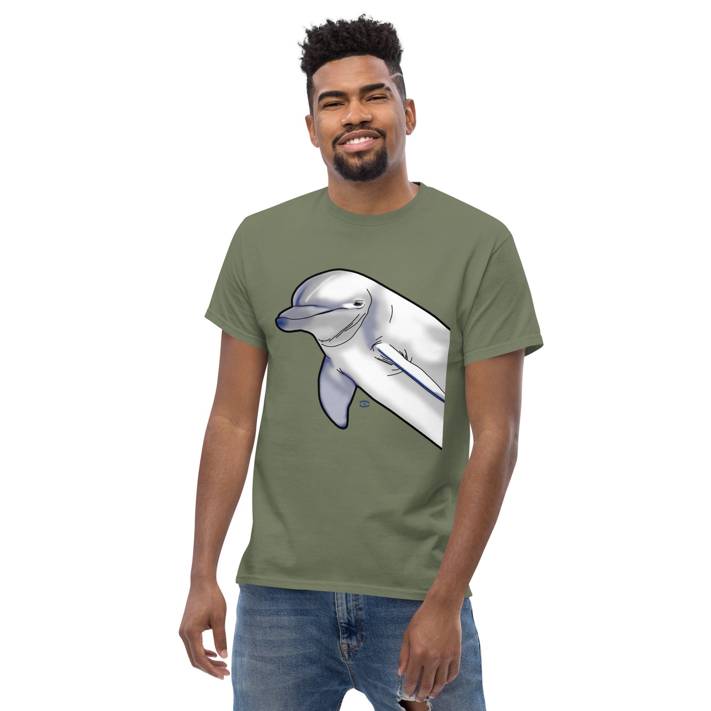 A picture of a man wearing a short sleeve tshirt with a printed picture of a dolphin - front side military green