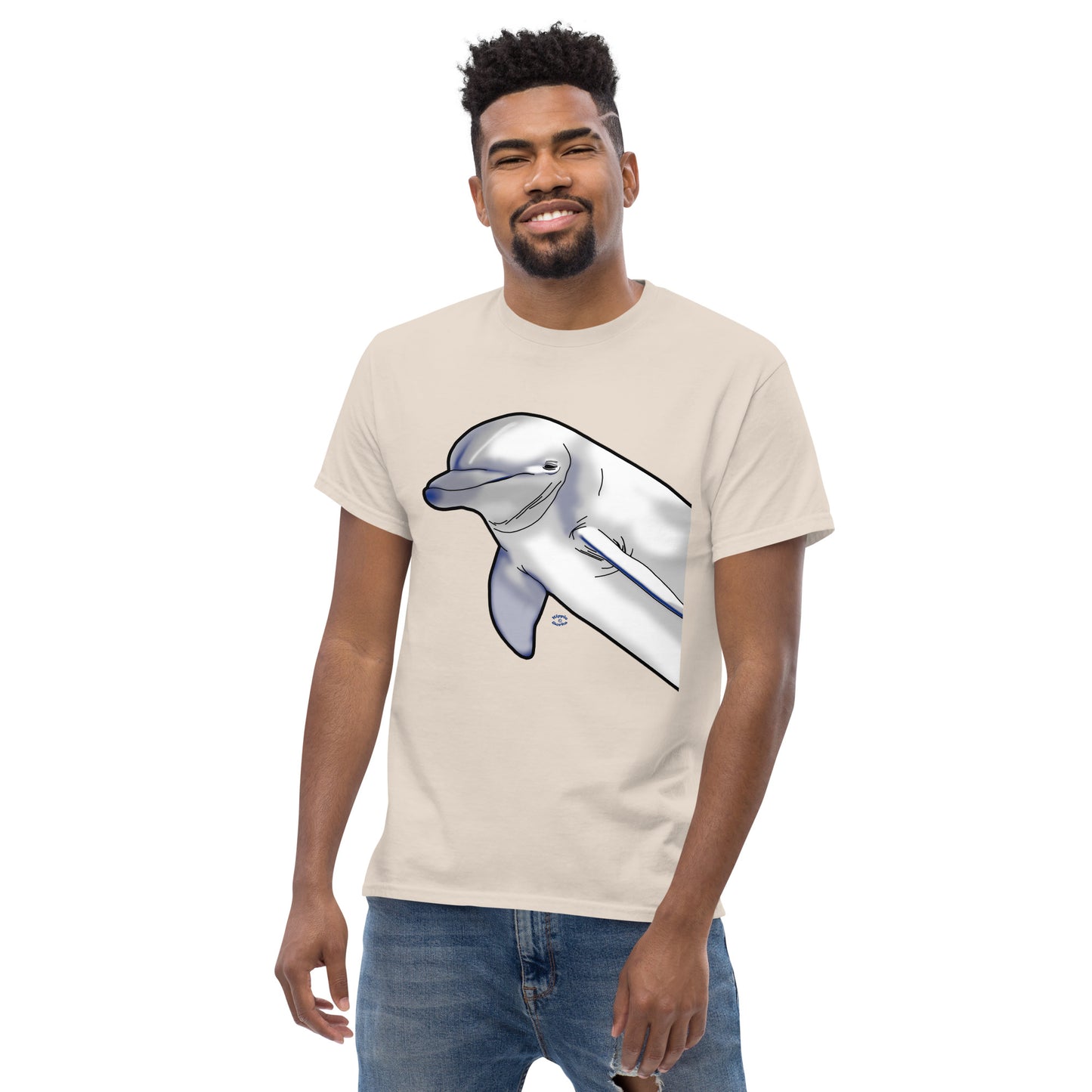 A picture of a man wearing a short sleeve tshirt with a printed picture of a dolphin - front side natural