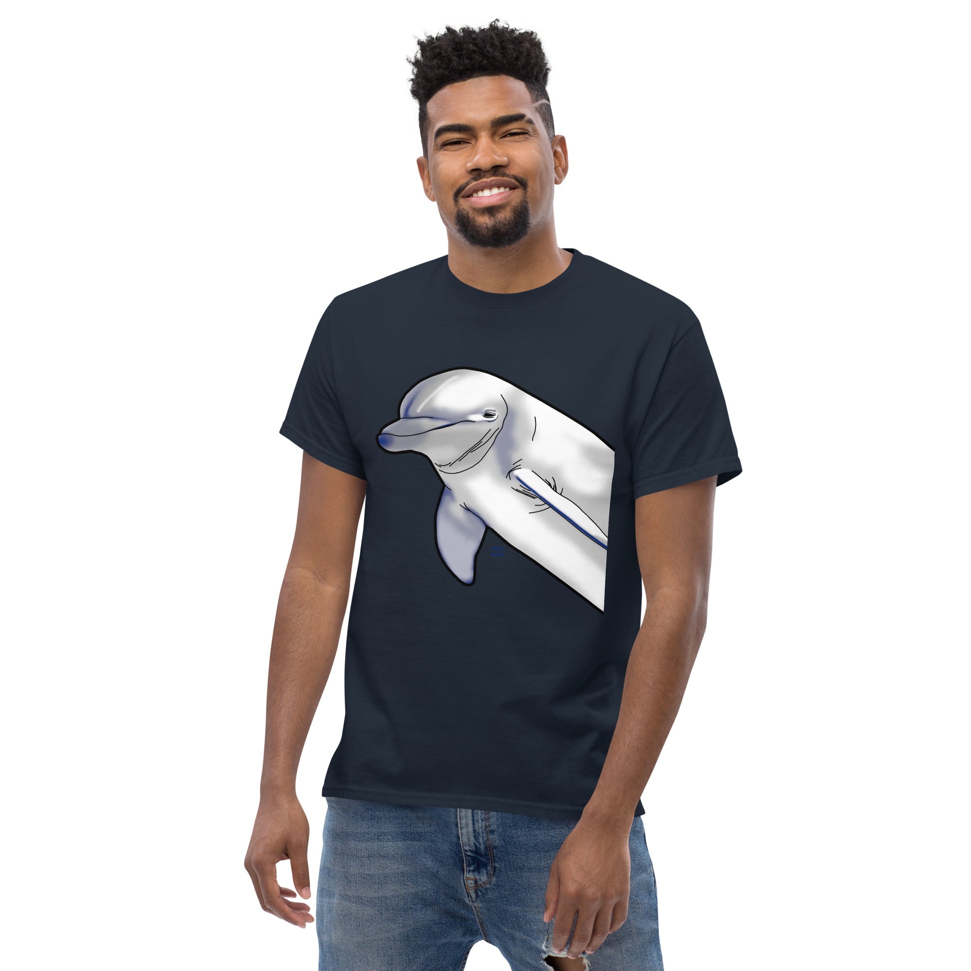A picture of a man wearing a short sleeve tshirt with a printed picture of a dolphin - front side navy blue