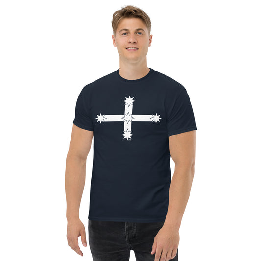 A picture of a man wearing a tshirt with the Australian Eureka  Stockade Flag on the front - shirt color is Navy blue