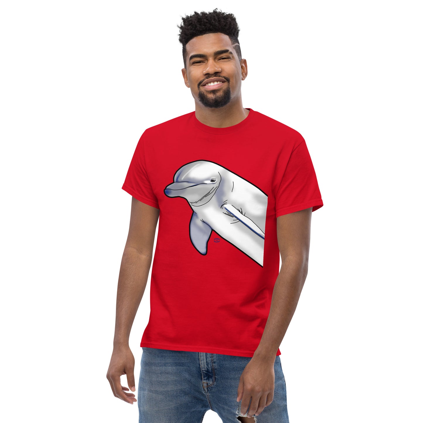 A picture of a man wearing a short sleeve tshirt with a printed picture of a dolphin - front side red