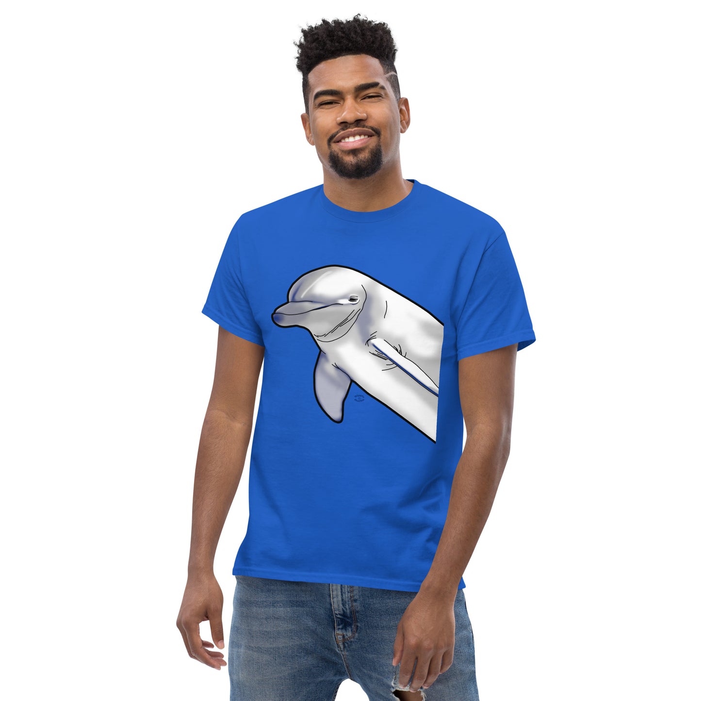 A picture of a man wearing a short sleeve tshirt with a printed picture of a dolphin - front side royal blue