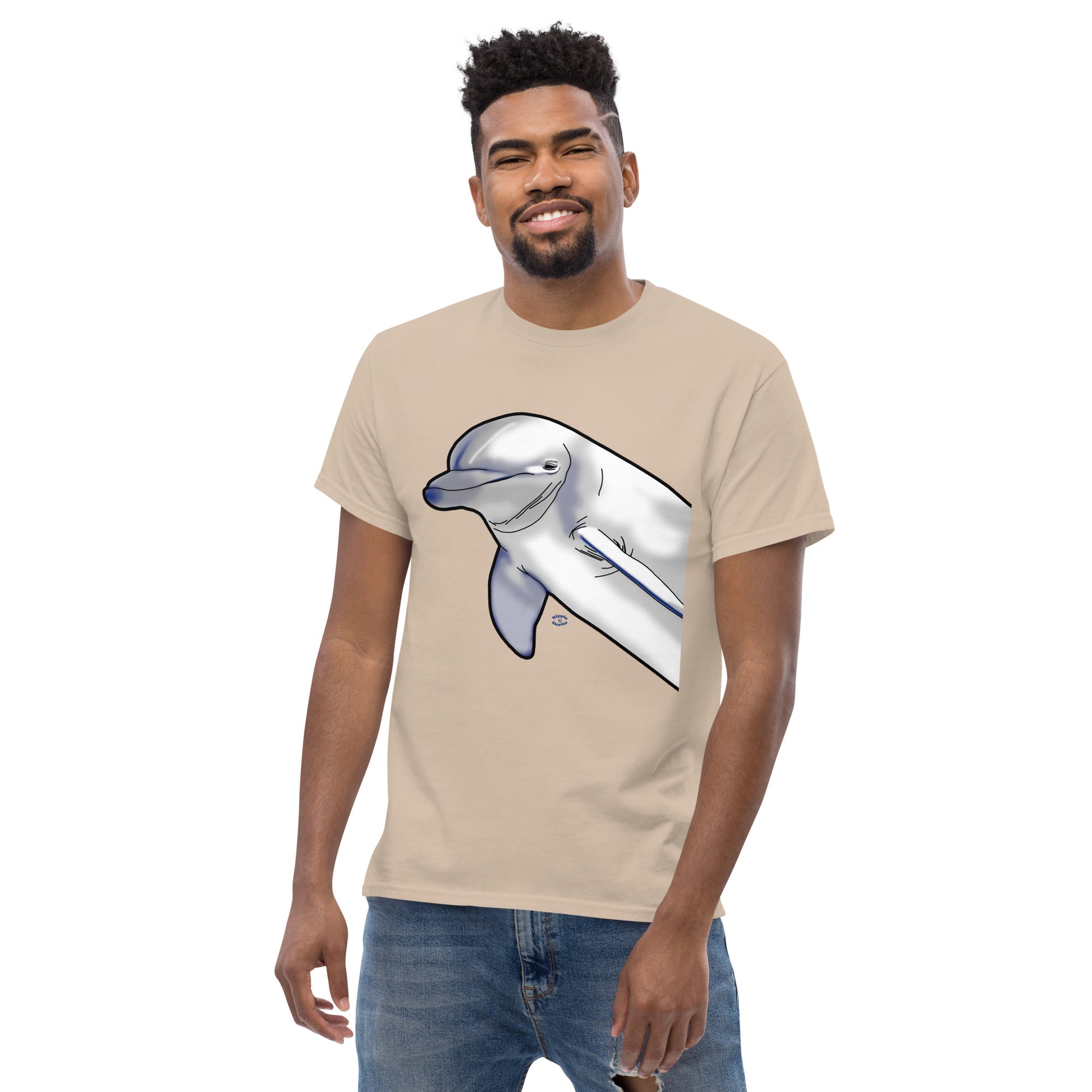 A picture of a man wearing a short sleeve tshirt with a printed picture of a dolphin - front side sand