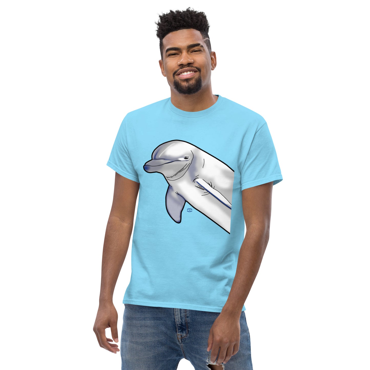 A picture of a man wearing a short sleeve tshirt with a printed picture of a dolphin - front side sky blue