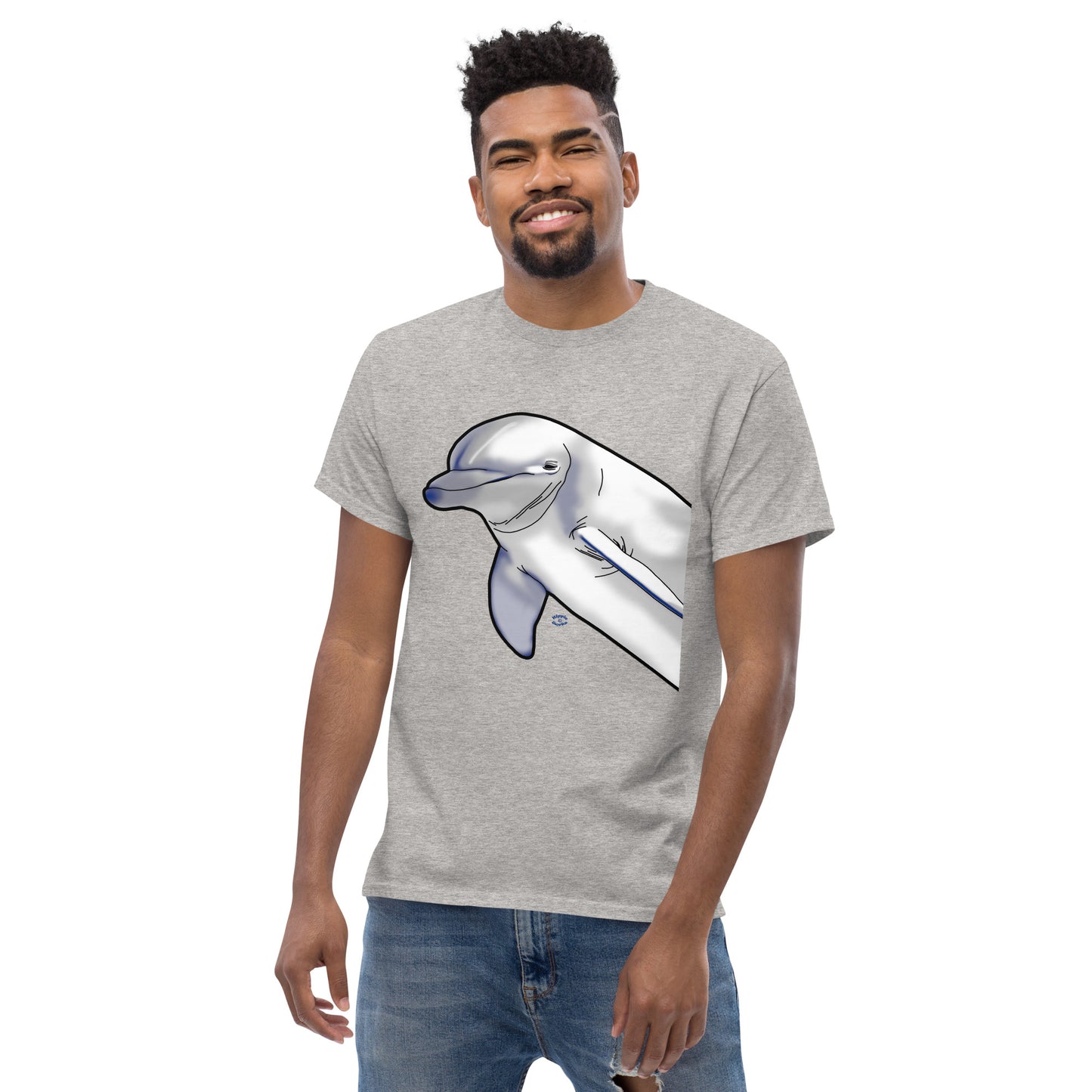 A picture of a man wearing a short sleeve tshirt with a printed picture of a dolphin - front side sport grey