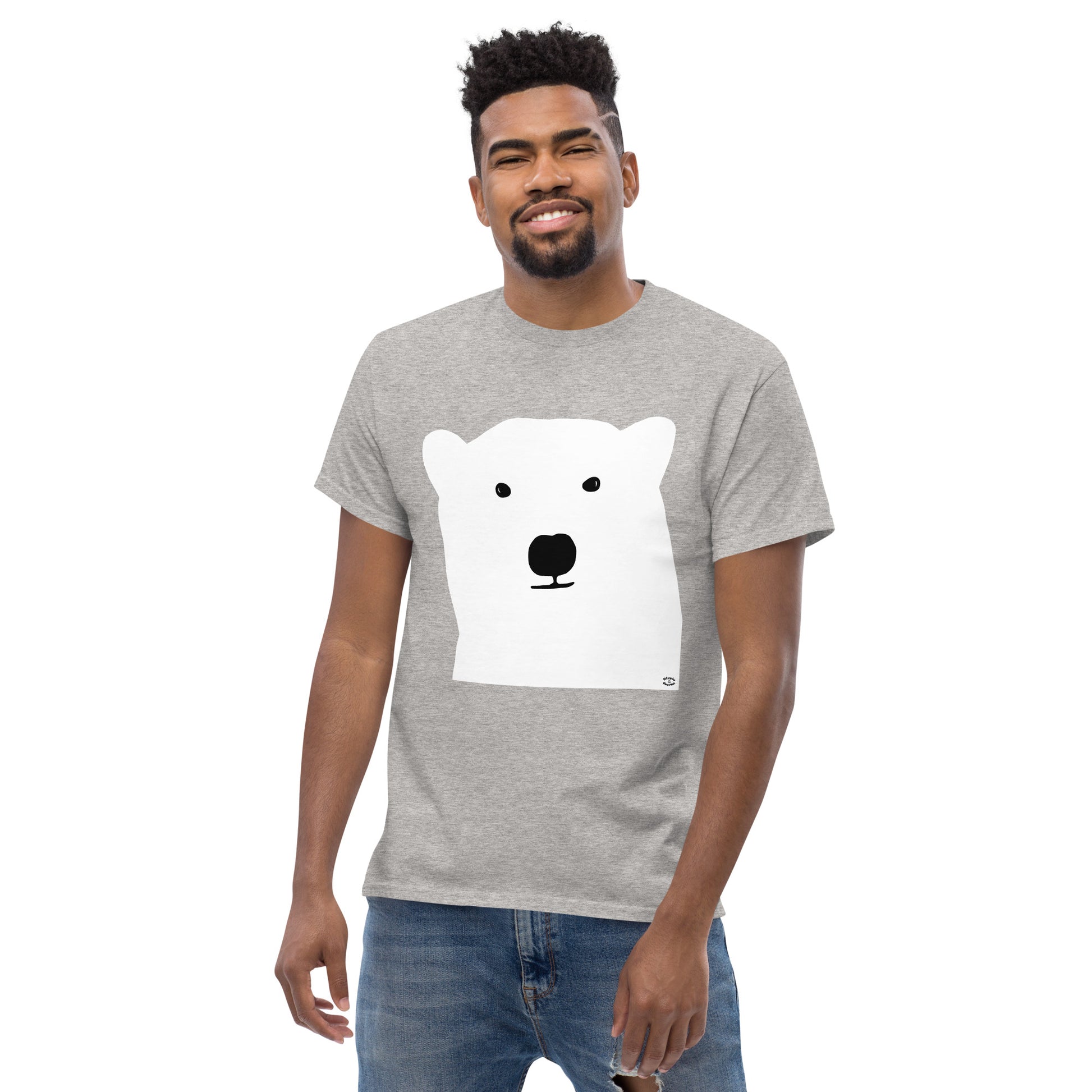 A picture of a man wearing a short sleeve tshirt with a kool polar bear face on the front-sport grey-front