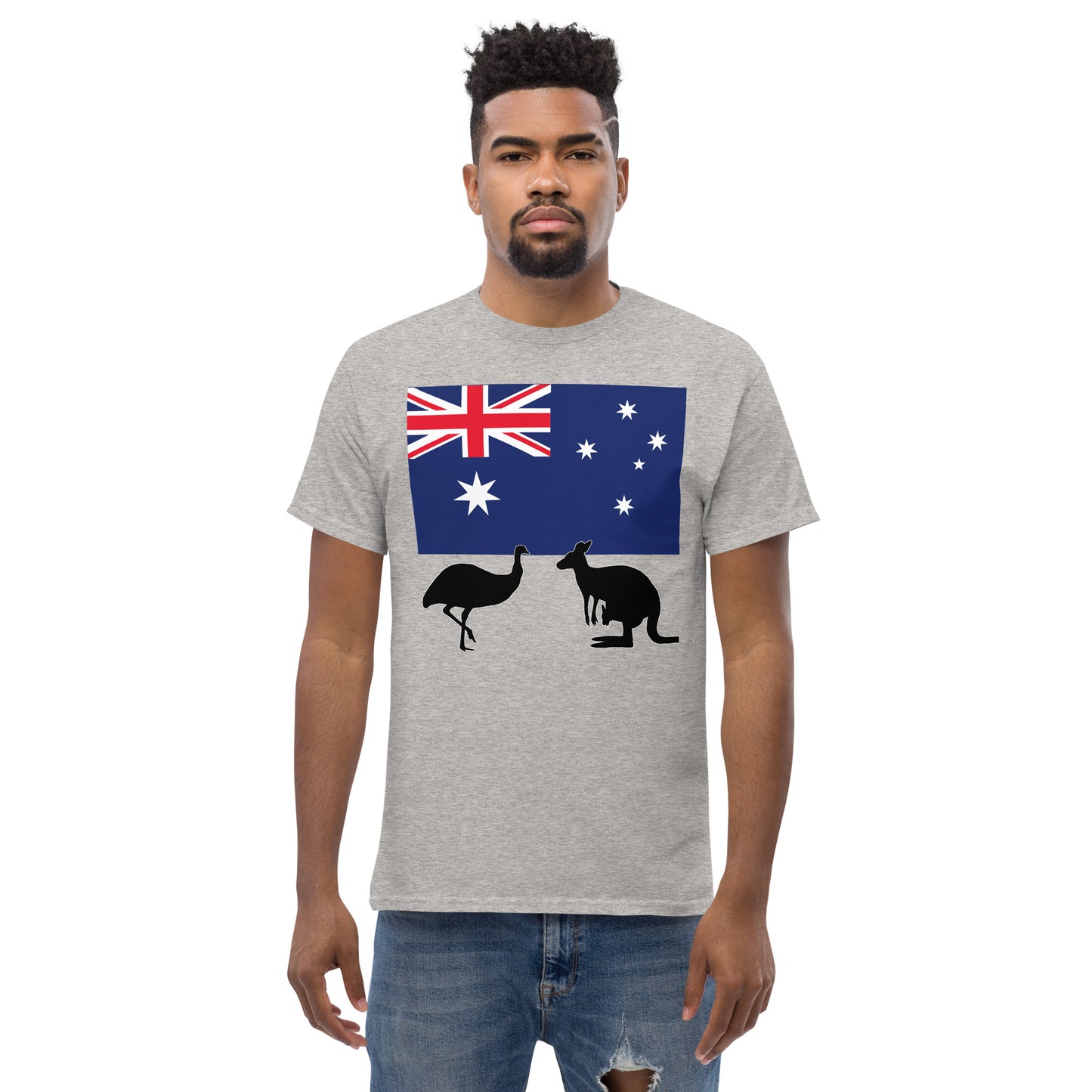 A man wearing a short sleeve tshirt and on the front is Australian flag on the front of a tshirt with the Australian Flag and the silhouettes of an Emu and a kangaroo below - Shirt color sport grey