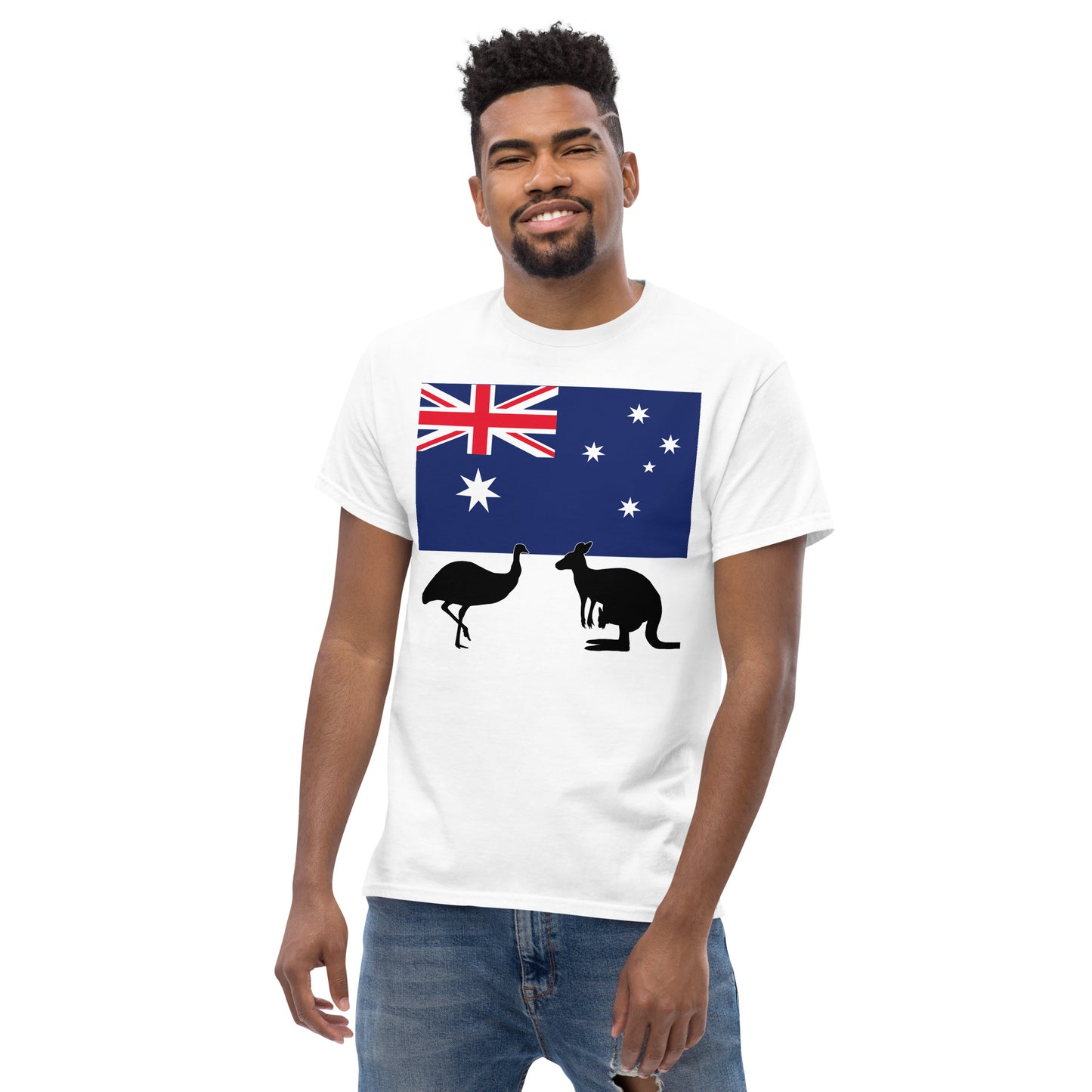 A man wearing a short sleeve tshirt and on the front is Australian flag on the front of a tshirt with the Australian Flag and the silhouettes of an Emu and a kangaroo below - shirt color White