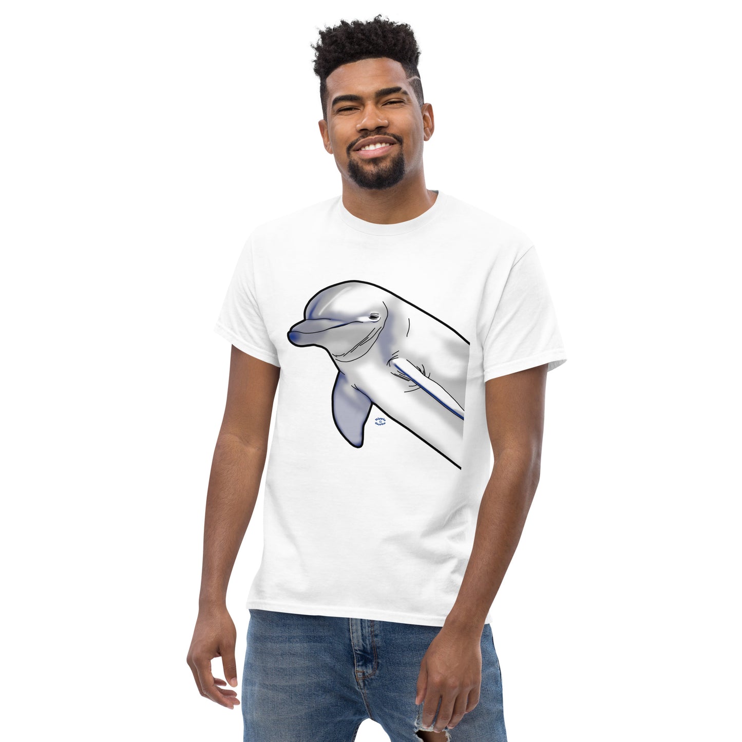 A picture of a man wearing a short sleeve tshirt with a printed picture of a dolphin - front side white