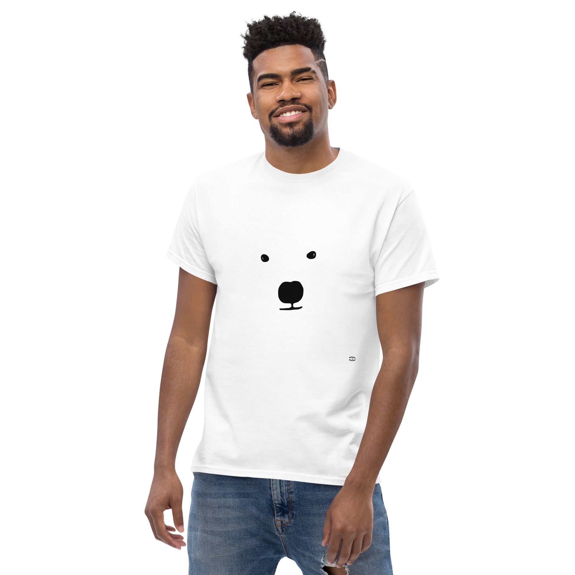 A picture of a man wearing a short sleeve tshirt with a kool polar bear face on the front-white-front