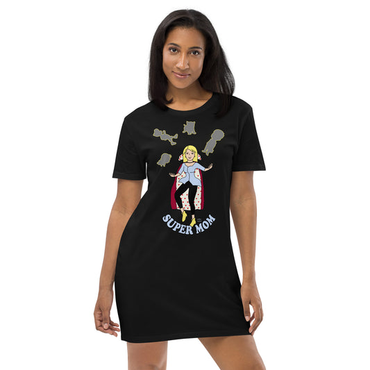 A women wearing a organic short sleeve tshirt dress with a picture on the front of a mother in a cape juggling her family with the text at the bottom Super Mom - Front - black