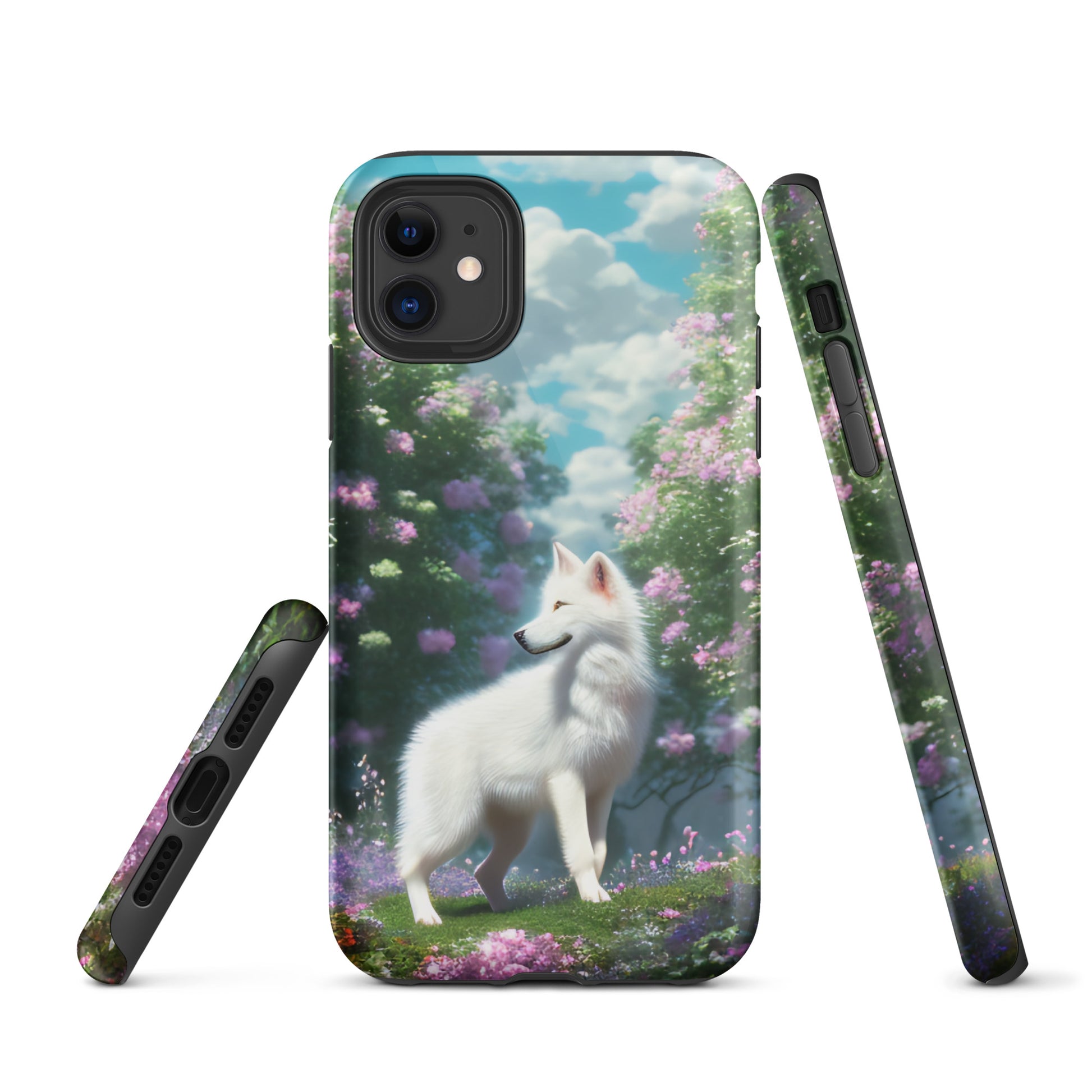 A fantasy picture of white wolf iPhone tough case full picture of a lone white wolf standing in a garden full of flowers - glossy-iphone-11-front