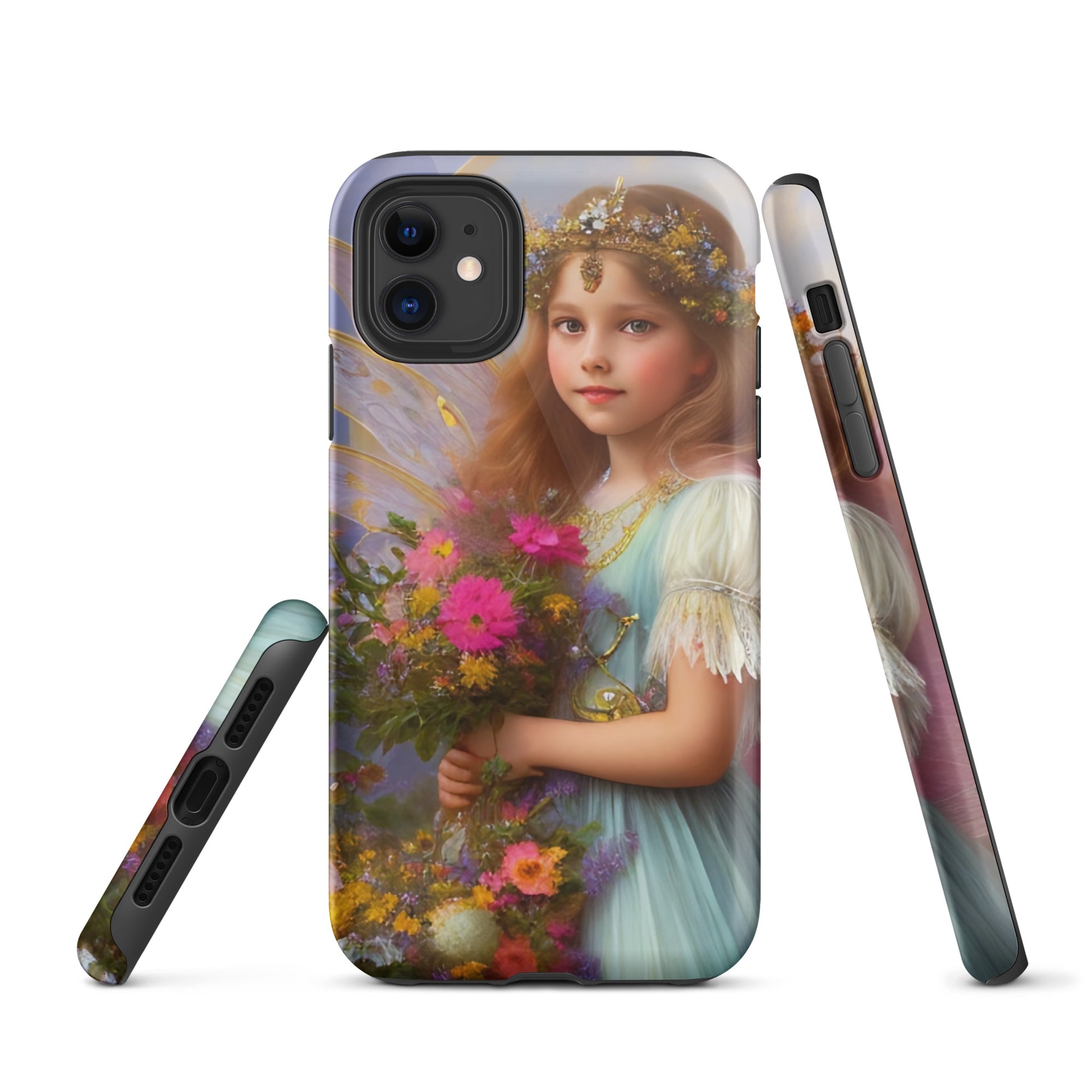 A picture of a iphone tough case with a beautiful young fairy princess, glittering crown and detailed dress. She is holding a bunch of colorful flowers and has very pretty fairy wings   - glossy-iphone-11-front