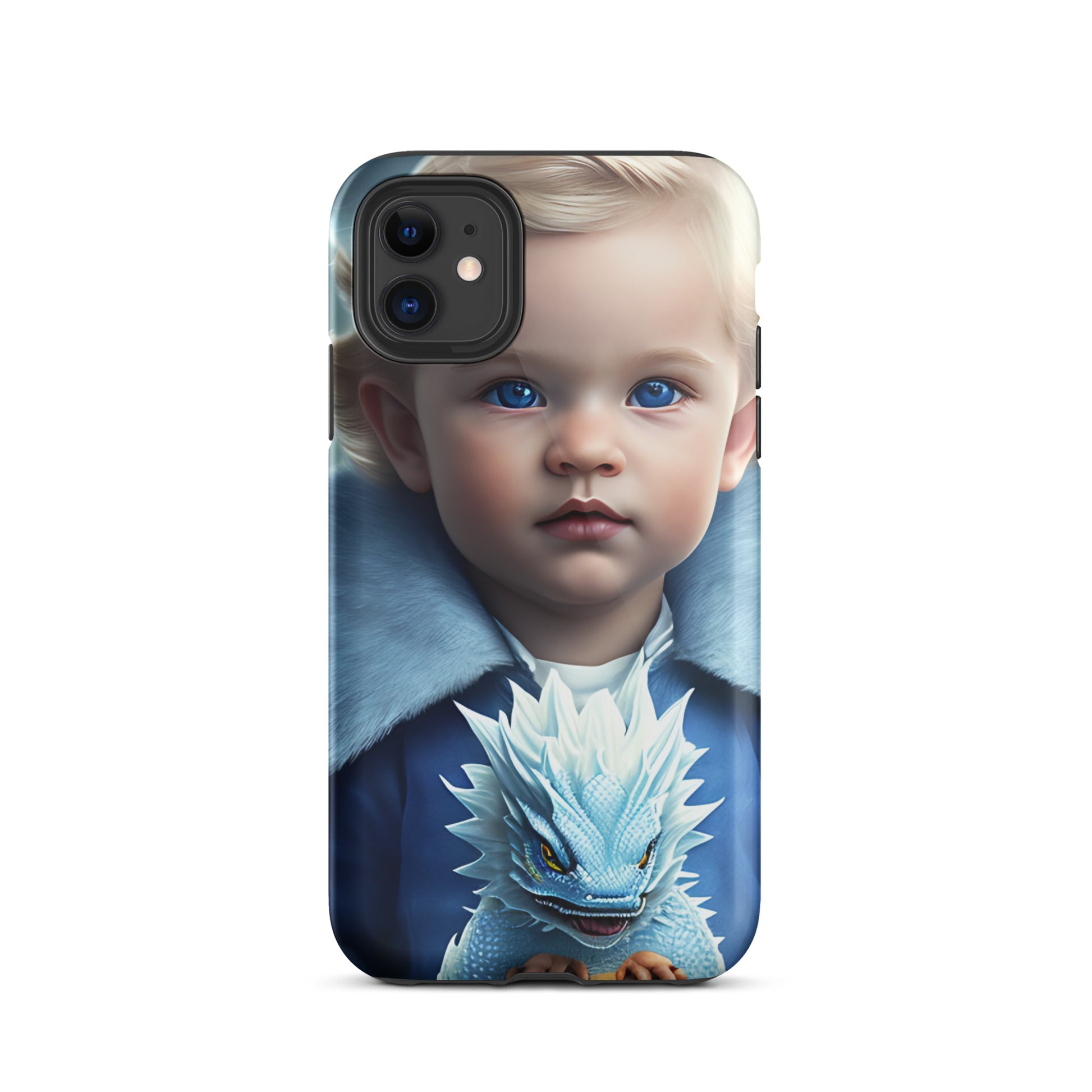 A picture of a an iphone case with a blond haired blue eyed boy, blue top holding a baby ice dragon in front - Dragon Prince #2 tough iphone case - glossy-iphone-11-front