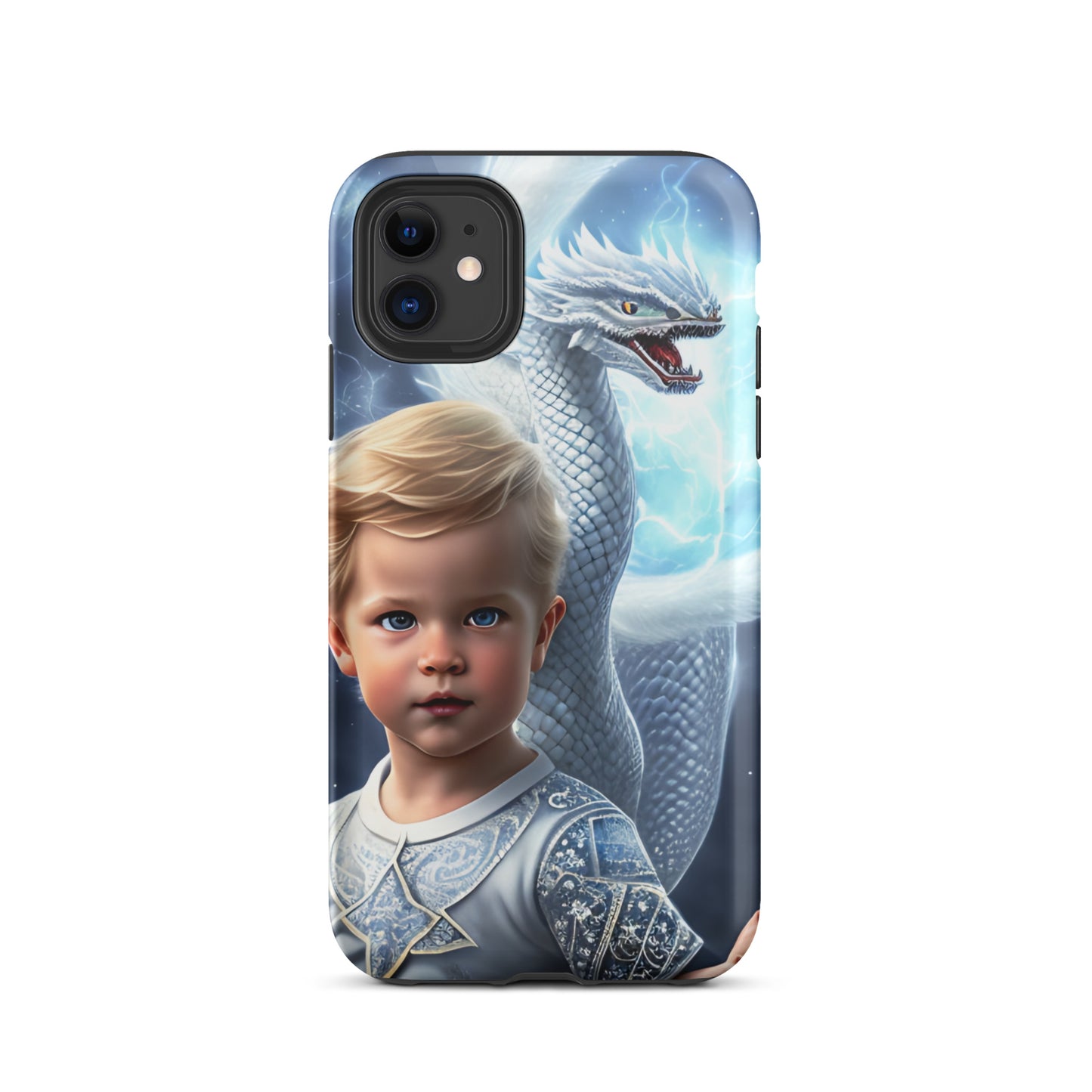 A picture of a an iphone case with a blond haired blue eyed boy, pale blue shirt with white intricate patter Dragon Prince tough iphone case - glossy-iphone-11-front