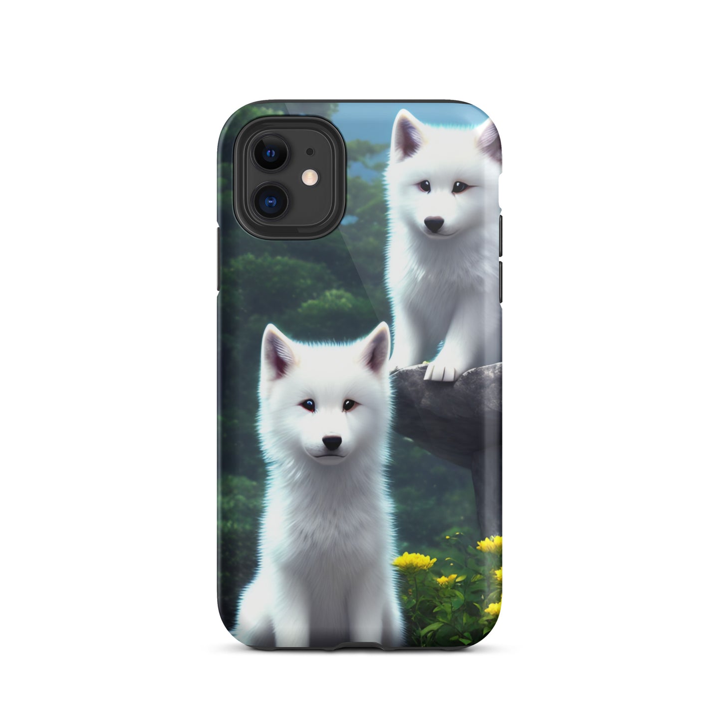 A fantasy picture of 2 white wolf cubs sitting looking straight on iPhone tough case - glossy-iphone-11-front