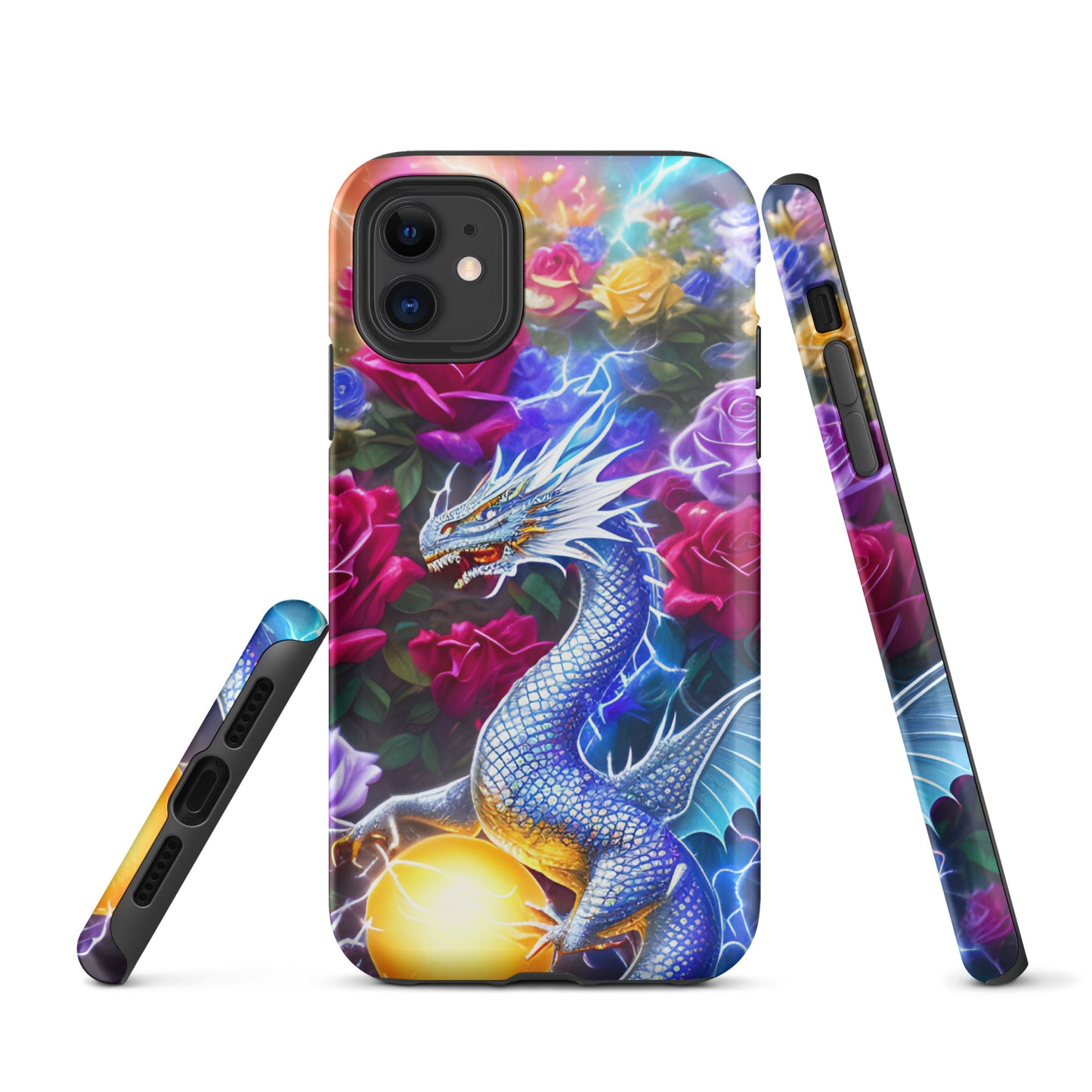 A fantasy picture of Dragon Garden #4 iPhone tough case with many colorful roses and in the middle is a white and blue dragon with a gold dragon egg and crackling lightning bolts - glossy-iphone-11-front