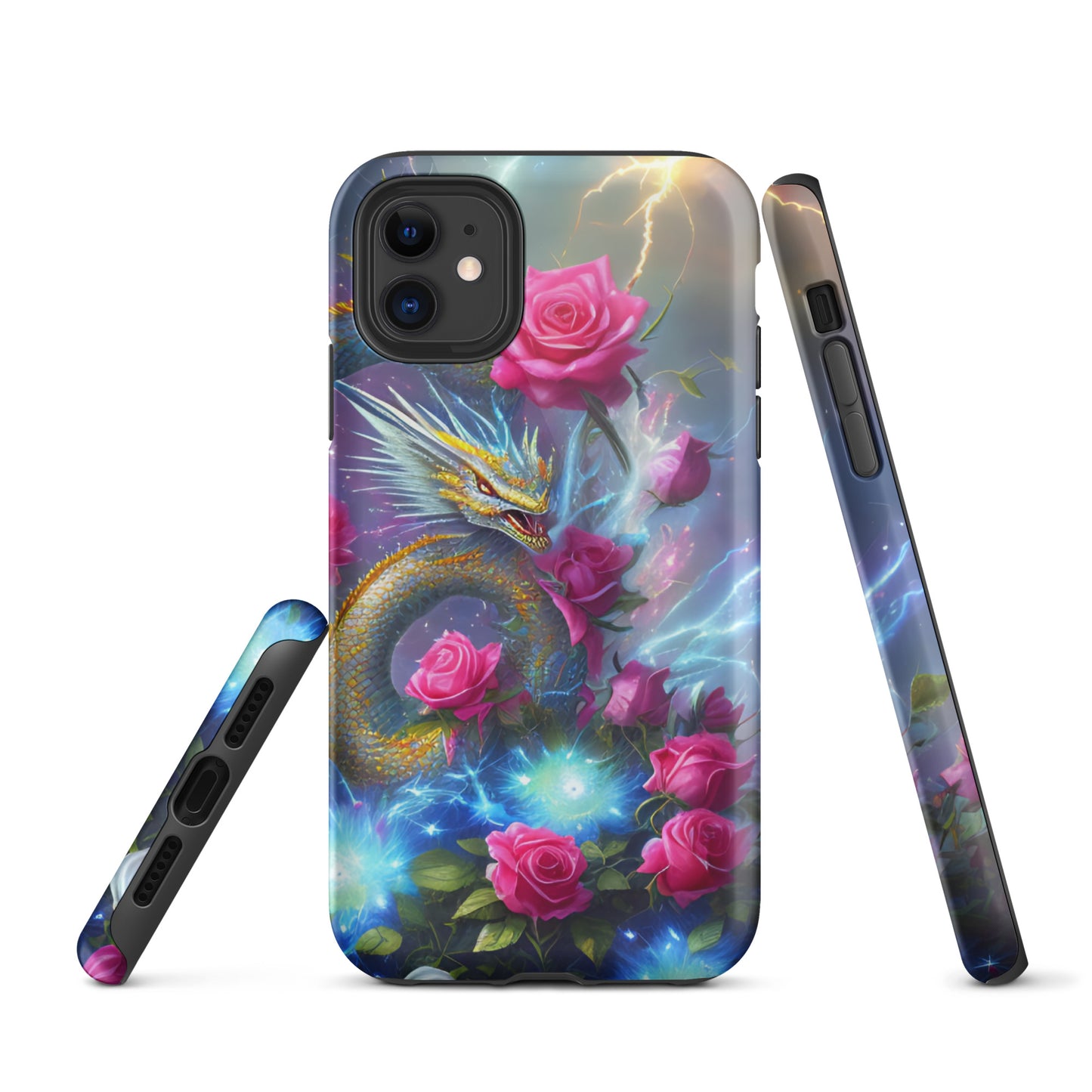 A fantasy picture of Dragon Garden #3 iPhone tough case with pink of roses and in the middle is a blue and gold dragon with colorful lightning bolts - glossy-iphone-11-front