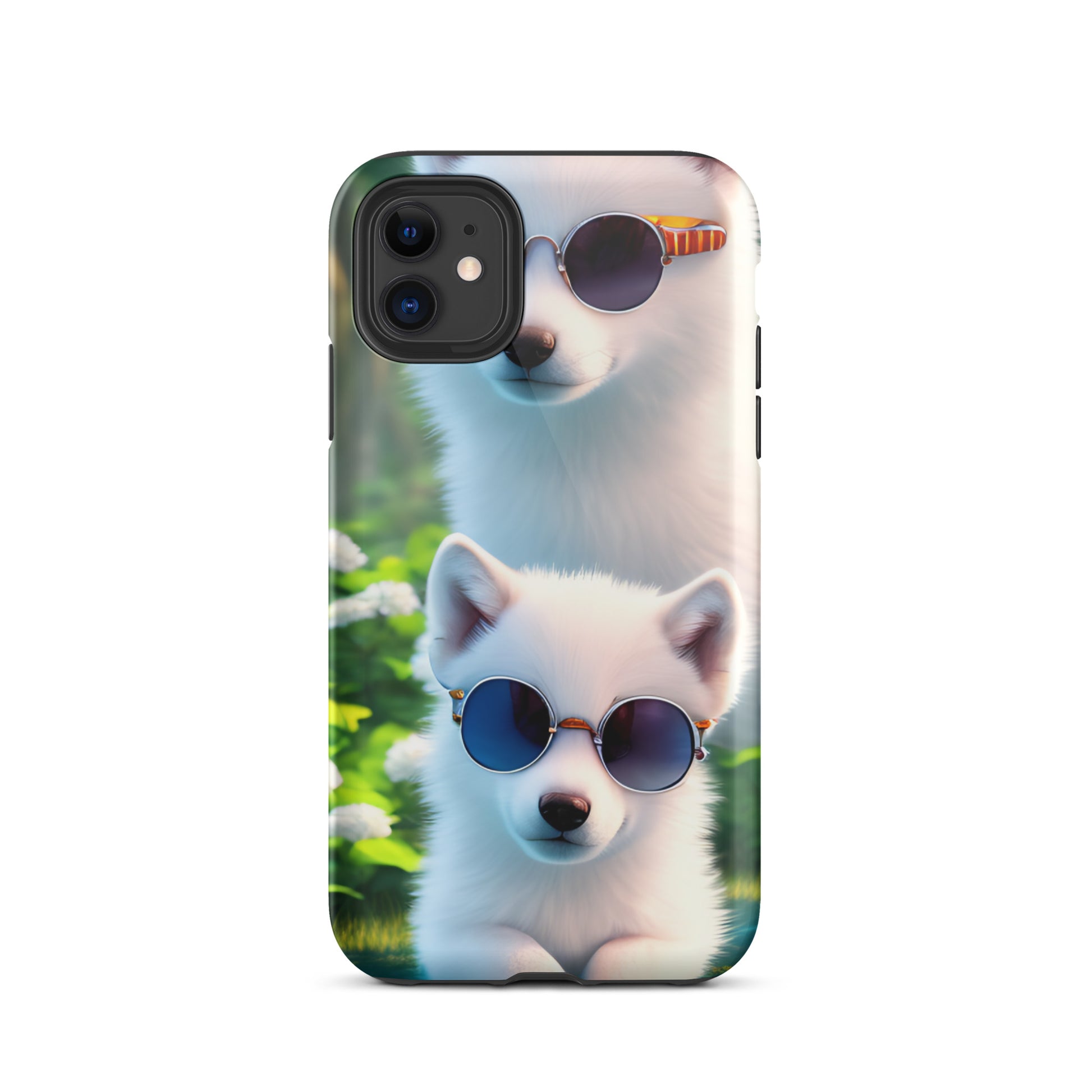 A fantasy picture of 2 white wolf cubs wearing sunglasses iPhone tough case with many colored flowers and 2 wolf cubs  - glossy-iphone-11-front