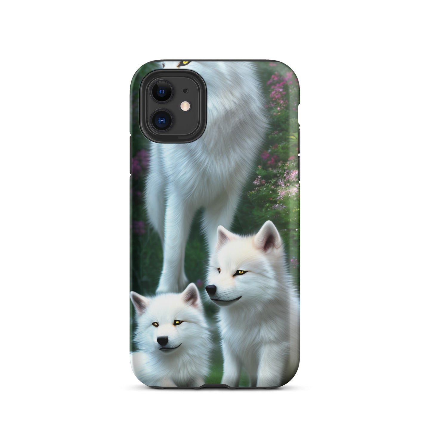 A fantasy picture of white wolves iPhone tough case with many colored flowers and 2 wolf cubs bottom front with an Mother Wolf standing behind - glossy-iphone-11-front