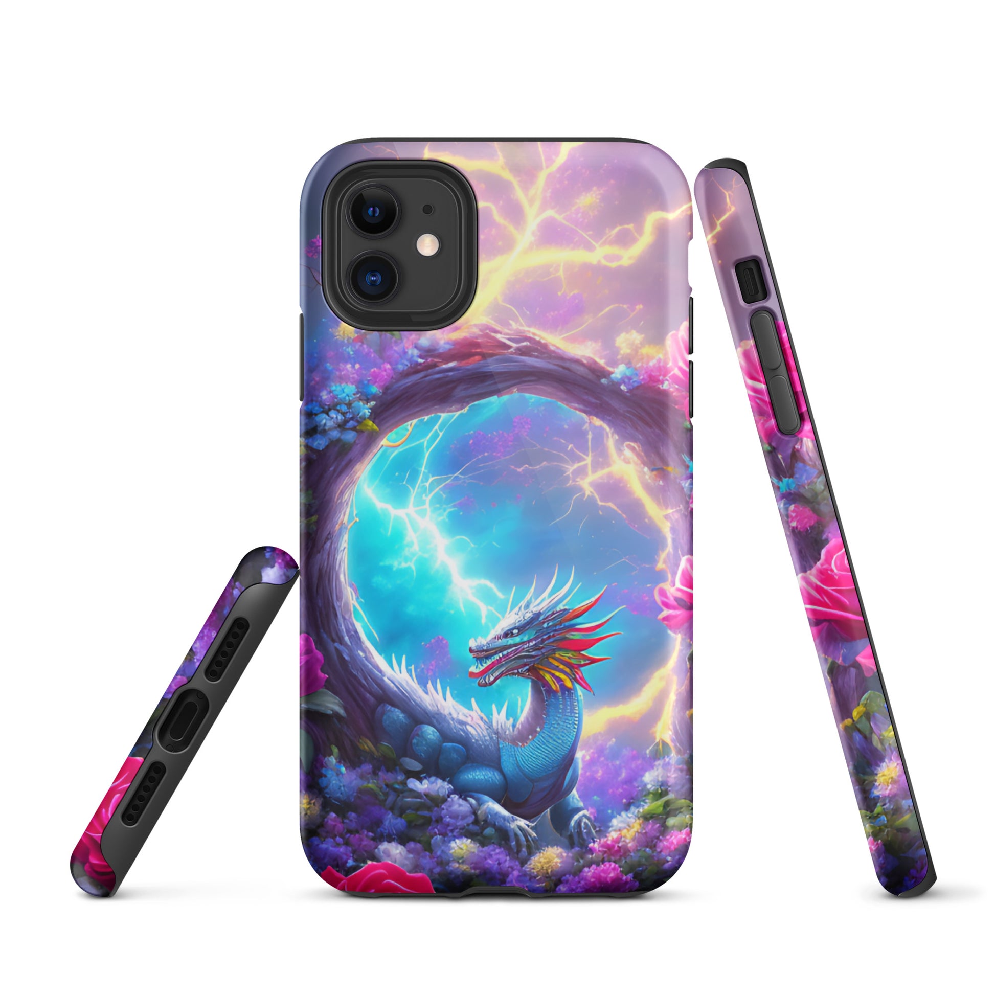A fantasy picture of Dragon Garden iPhone tough case with many colors of roses and in the middle is a rainbow dragon with lightning bolts - glossy-iphone-11-front