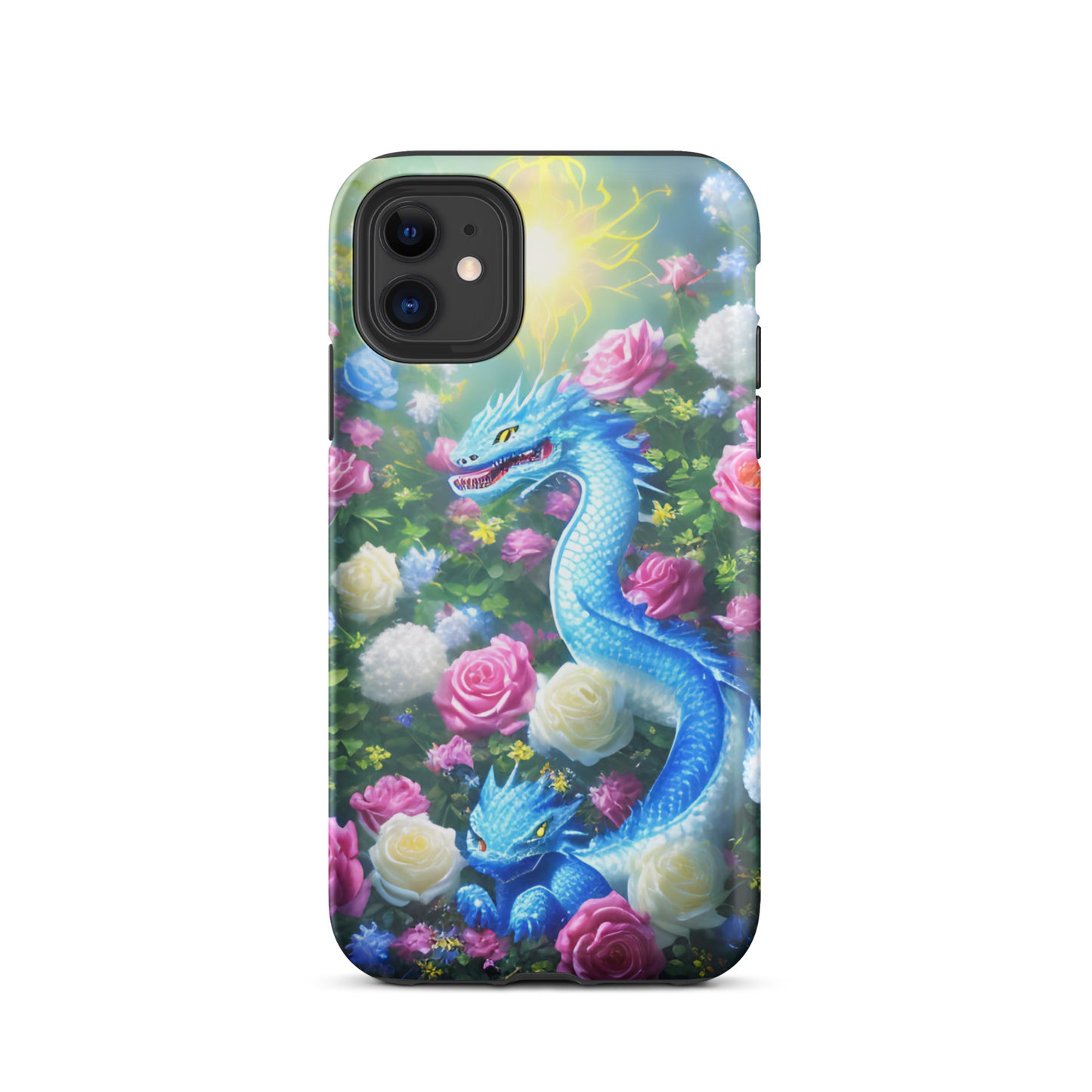 A fantasy picture of Dragon Garden #5 iPhone tough case with many colors of roses and in the middle is a blue dragon with it's baby - glossy-iphone-11-front