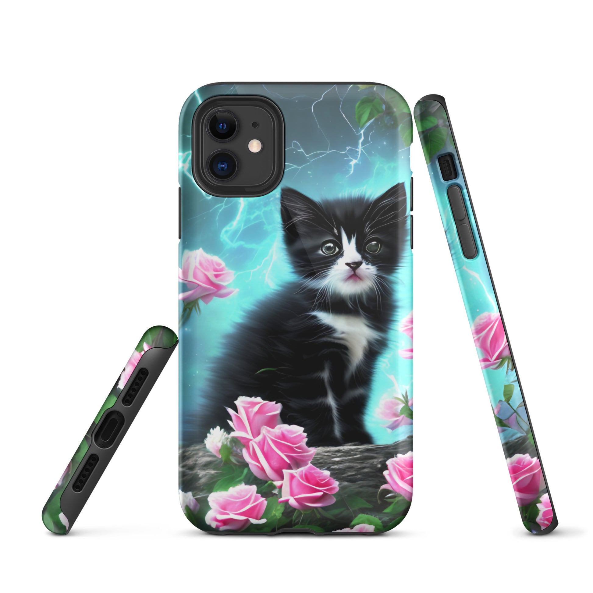 A picture of a iphone tough case with a Black and White Kitten and some pink roses - glossy-iphone-11-front