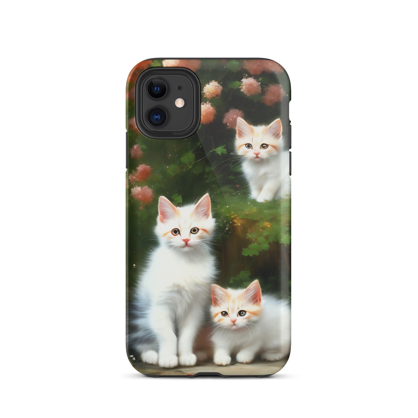 A picture of a iphone tough case with 3 fluffy white and orange kittens and peach colored flowers in the background - glossy-iphone-11-front