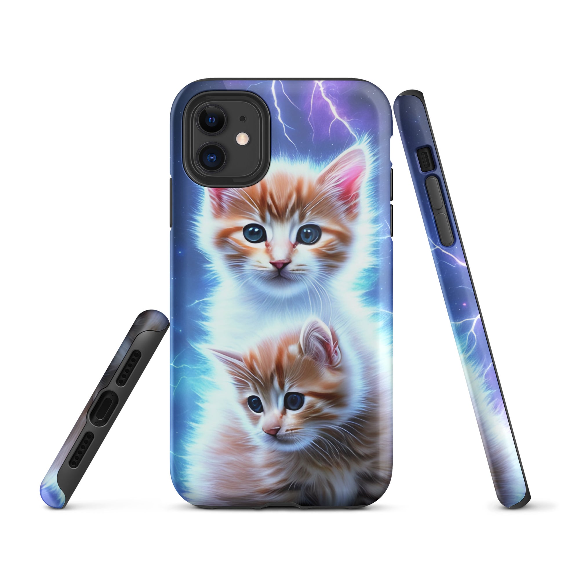 A picture of a iphone tough mobile phone case with fluffy 2 orange and white kittens against a stormy background - glossy-iphone-11-front