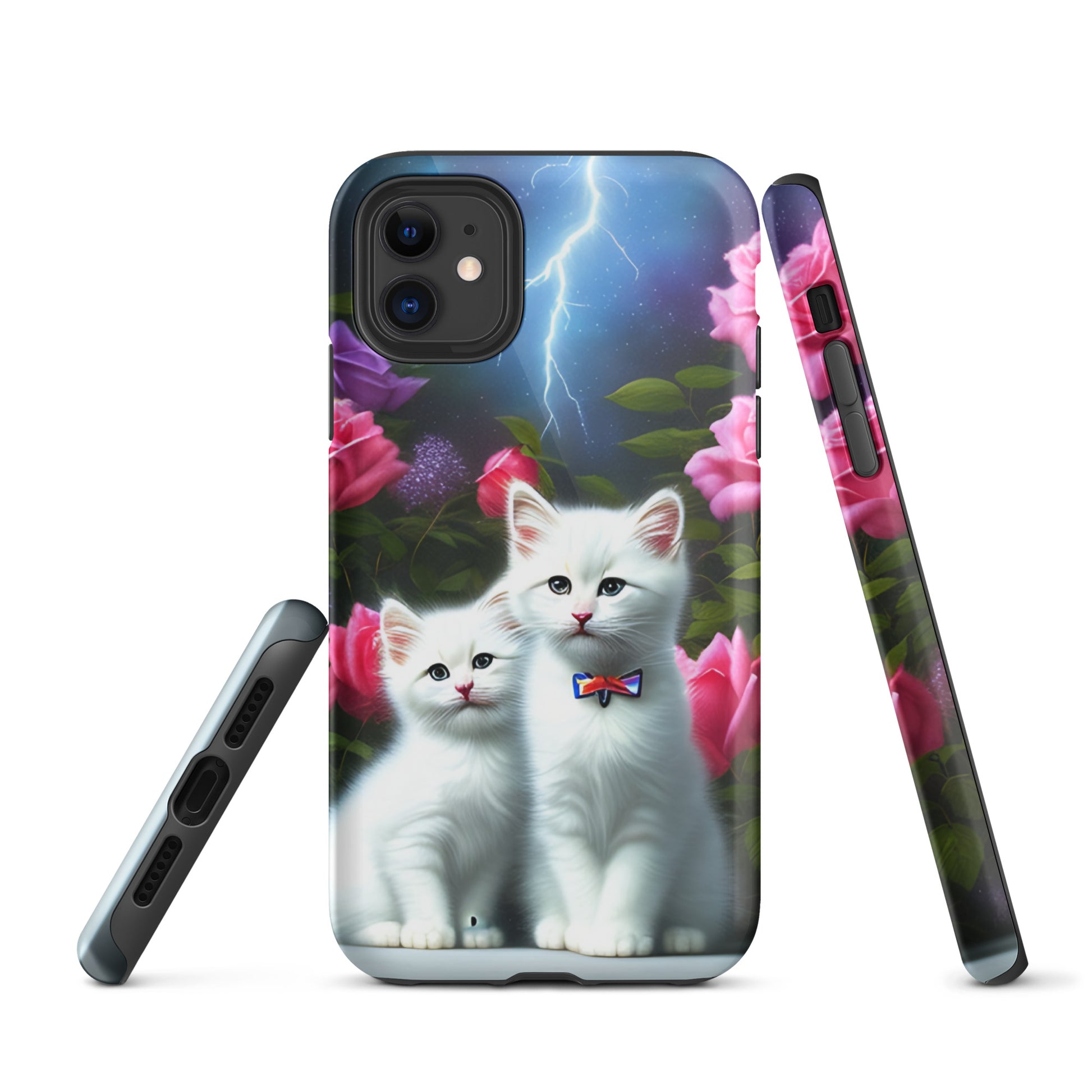 A picture of a iphone tough mobile phone case with 2 white kittens sitting in a flower garden and pink roses - glossy-iphone-11-front