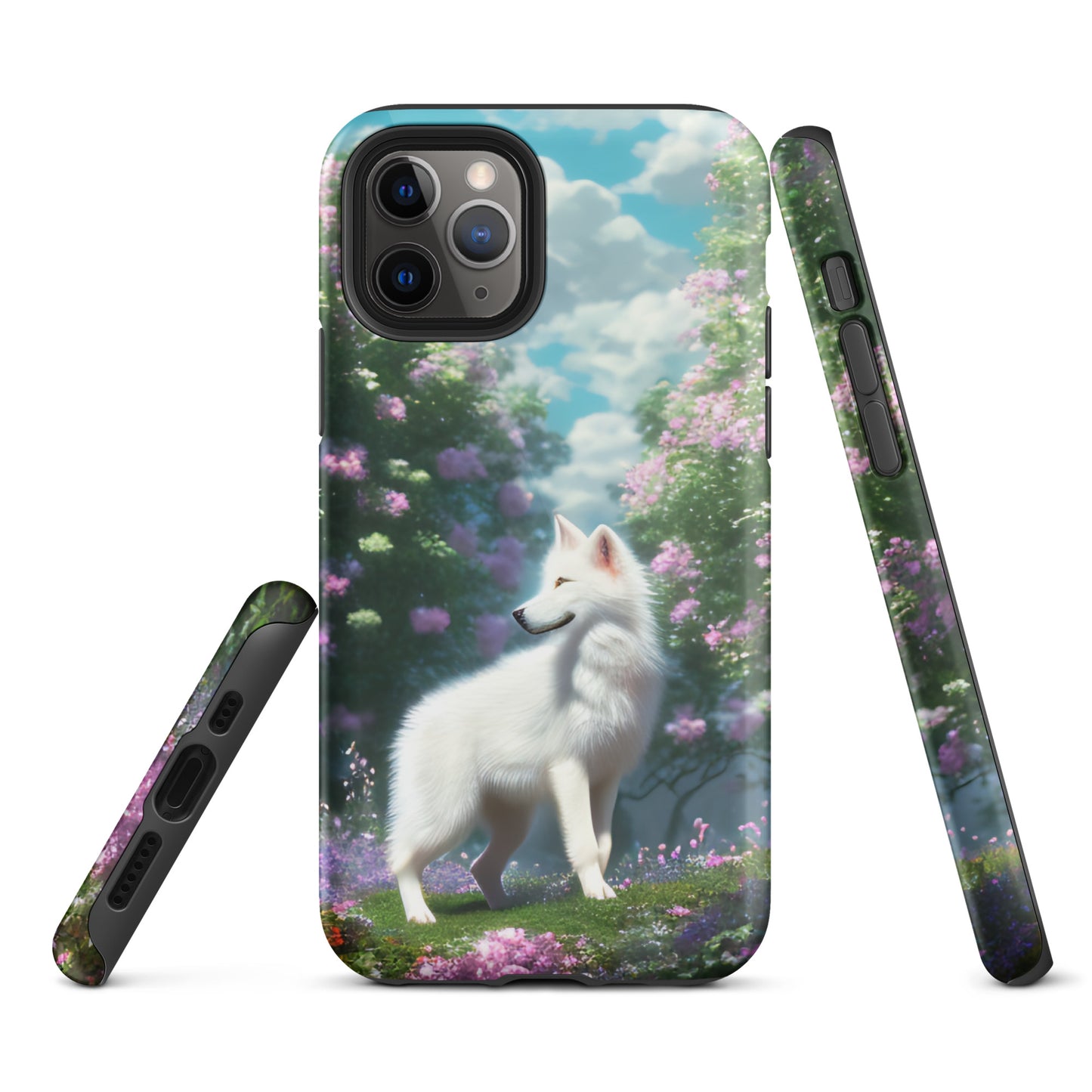 A fantasy picture of white wolf iPhone tough case full picture of a lone white wolf standing in a garden full of flowers - glossy-iphone-11-pro-front