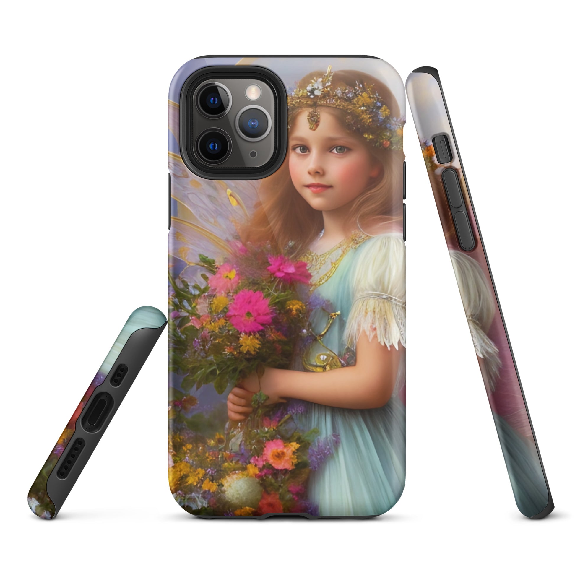 A picture of a iphone tough case with a beautiful young fairy princess, glittering crown and detailed dress. She is holding a bunch of colorful flowers and has very pretty fairy wings   - glossy-iphone-11-pro-front