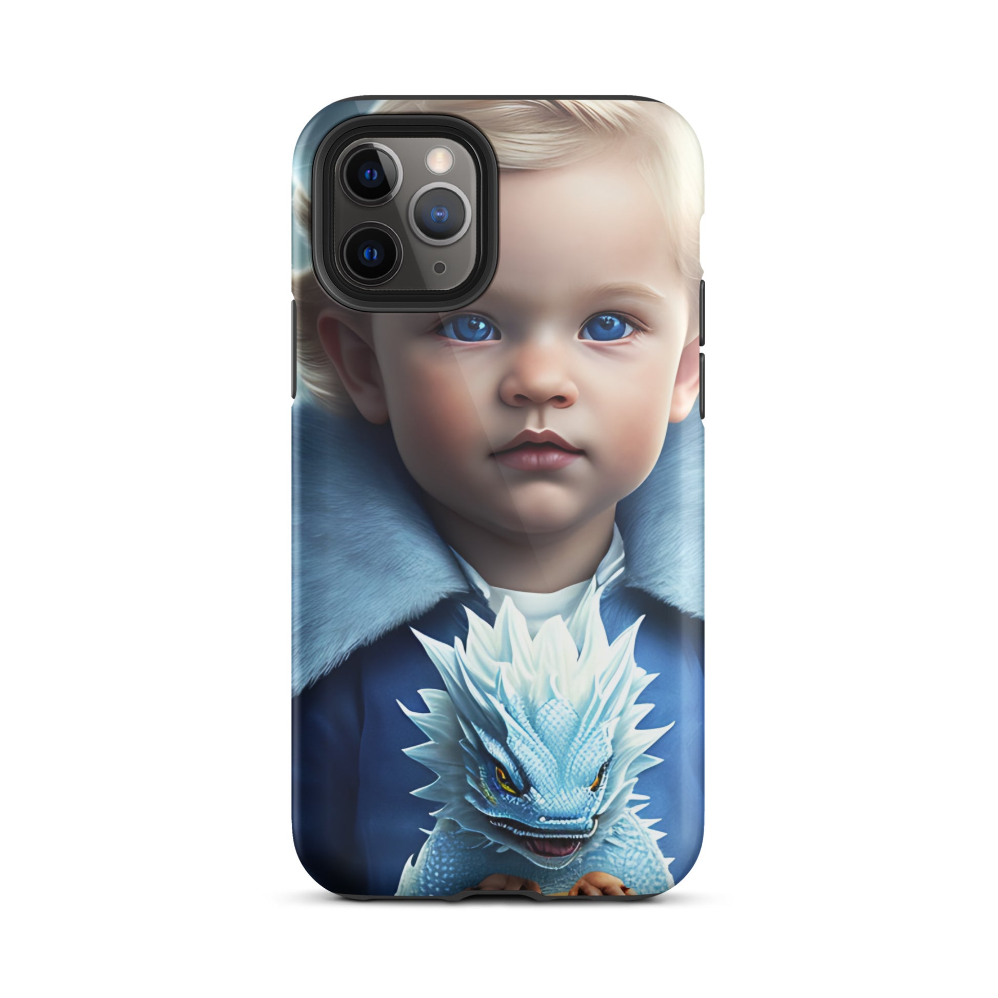 A picture of a an iphone case with a blond haired blue eyed boy, blue top holding a baby ice dragon in front - Dragon Prince #2 tough iphone case - glossy-iphone-11-pro-front