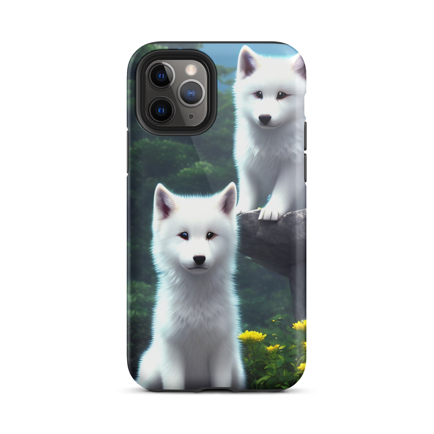 A fantasy picture of 2 white wolf cubs sitting looking straight on iPhone tough case - glossy-iphone-11-pro-front