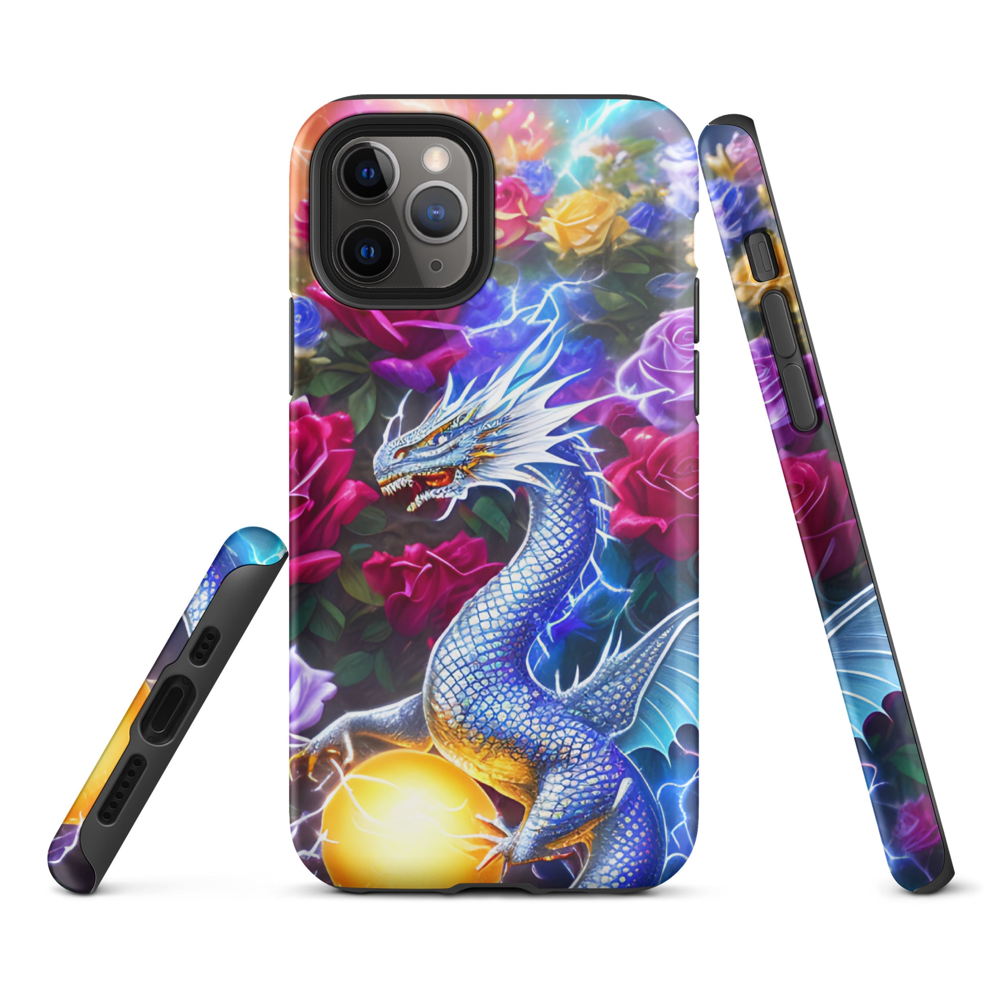 A fantasy picture of Dragon Garden #4 iPhone tough case with many colorful roses and in the middle is a white and blue dragon with a gold dragon egg and crackling lightning bolts - glossy-iphone-11-pro-front