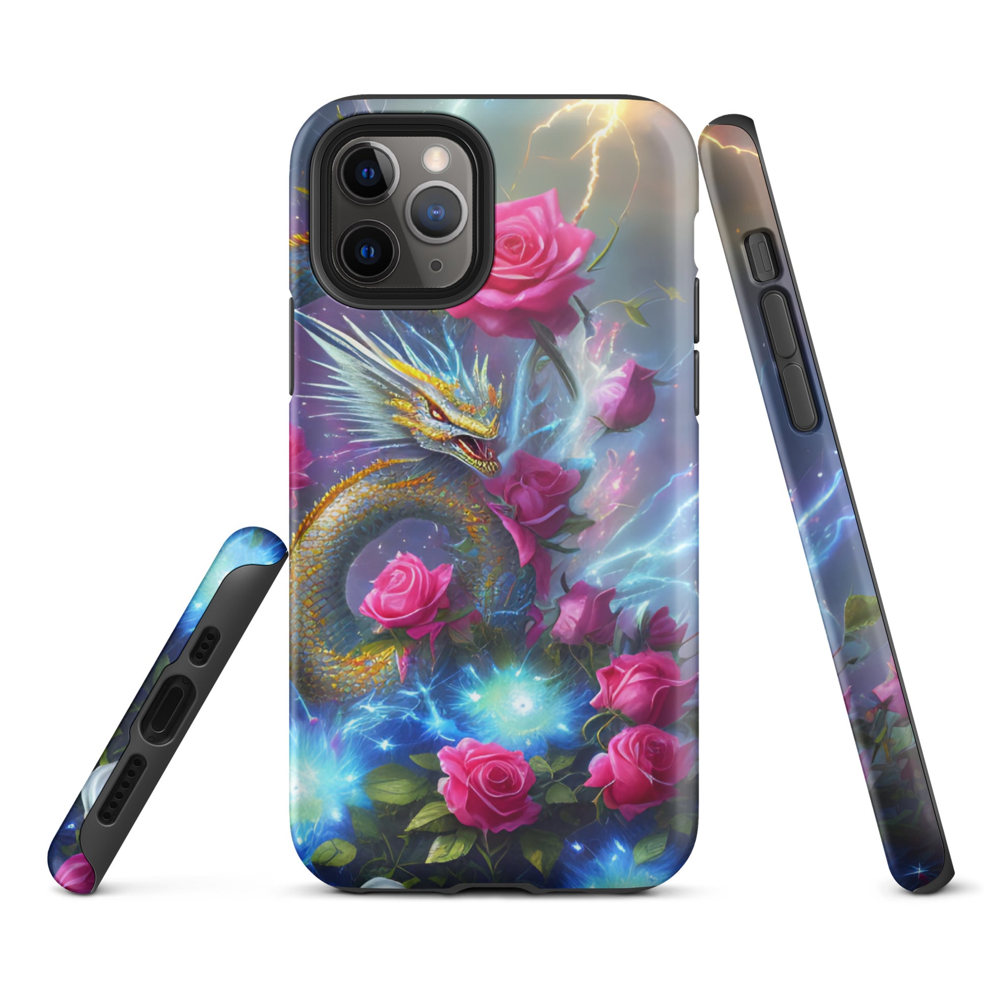 A fantasy picture of Dragon Garden #3 iPhone tough case with pink of roses and in the middle is a blue and gold dragon with colorful lightning bolts - glossy-iphone-11-pro-front