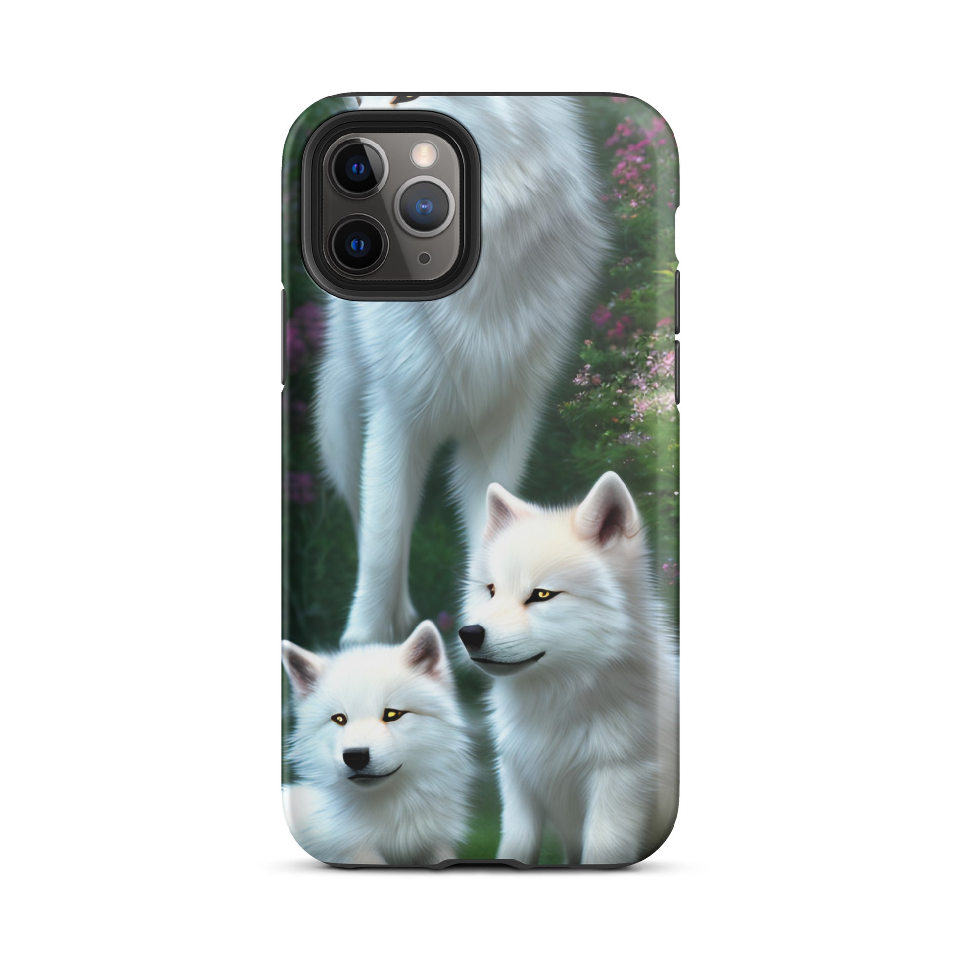 A fantasy picture of white wolves iPhone tough case with many colored flowers and 2 wolf cubs bottom front with an Mother Wolf standing behind - glossy-iphone-11-pro front