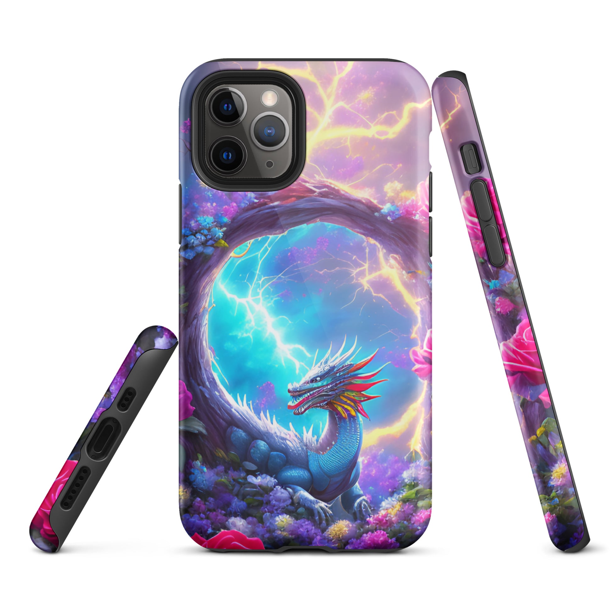 A fantasy picture of Dragon Garden iPhone tough case with many colors of roses and in the middle is a rainbow dragon with lightning bolts - glossy-iphone-11-pro-front