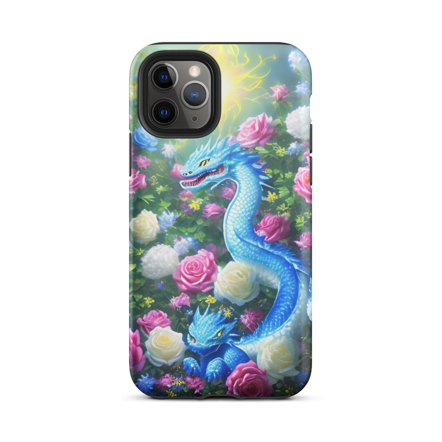 A fantasy picture of Dragon Garden #5 iPhone tough case with many colors of roses and in the middle is a blue dragon with it's baby - glossy-iphone-11-pro-front