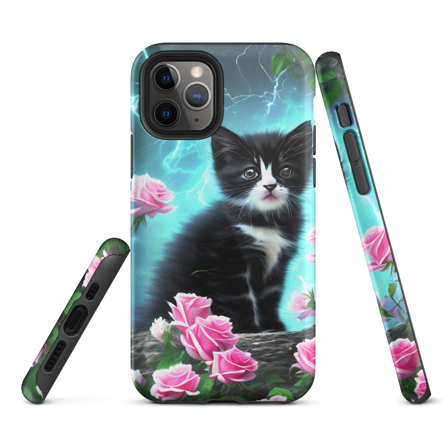 A picture of a iphone tough case with a fluffy black and white kitten sitting between some pink roses with a thunder storm in the background - glossy-iphone-11-profront