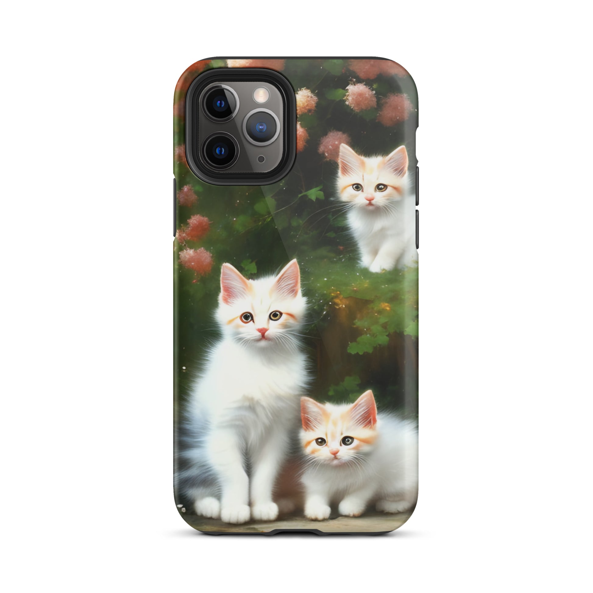 A picture of a iphone tough case with 3 fluffy white and orange kittens and peach colored flowers in the background - glossy-iphone-11-pro-front
