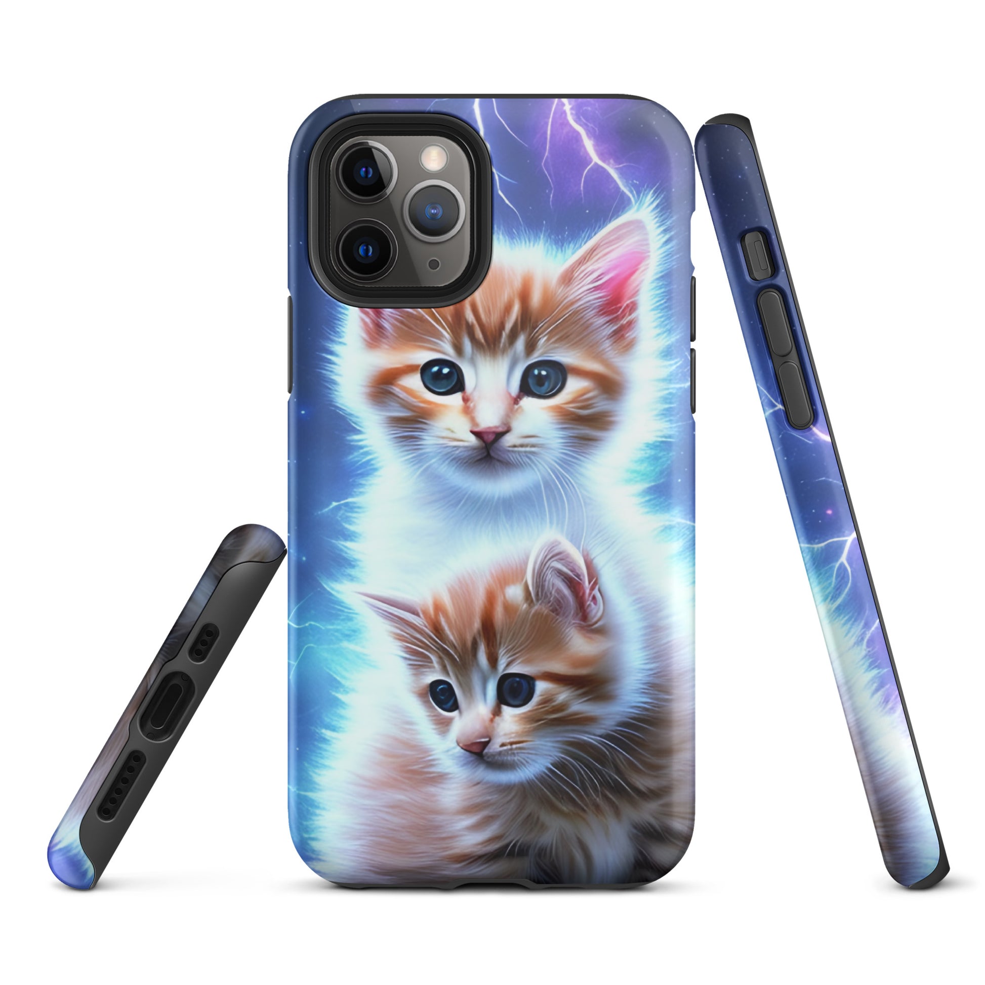 A picture of a iphone tough mobile phone case with fluffy 2 orange and white kittens against a stormy background - glossy-iphone-11-pro-front