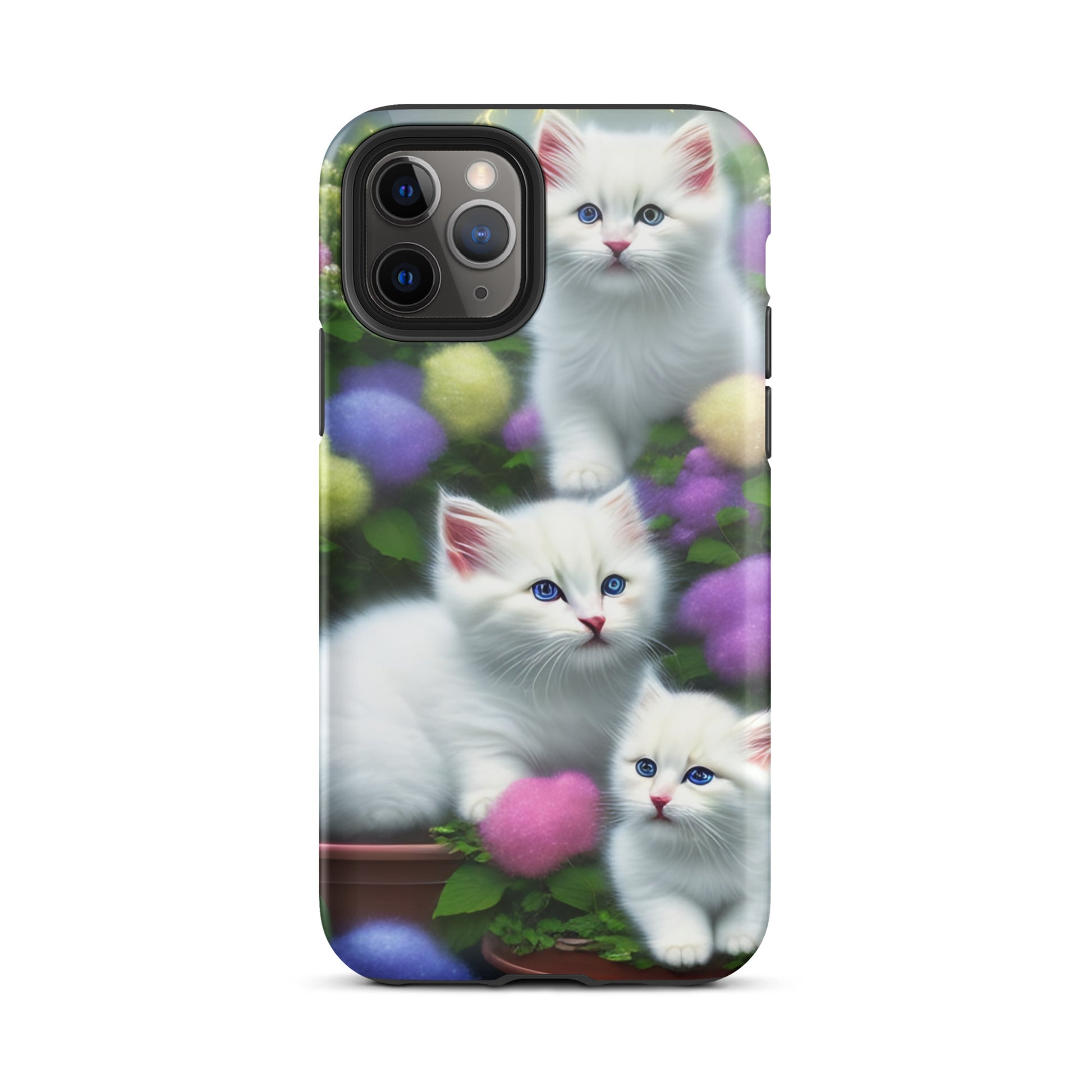 A picture of a iphone tough case with a picture of 3 pure white kittens with blue eyes in a garden filled with flowers - glossy-iphone-11-pro-front