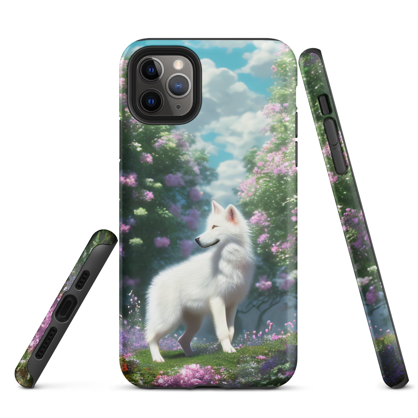 A fantasy picture of white wolf iPhone tough case full picture of a lone white wolf standing in a garden full of flowers - glossy-iphone-11-pro-max-front